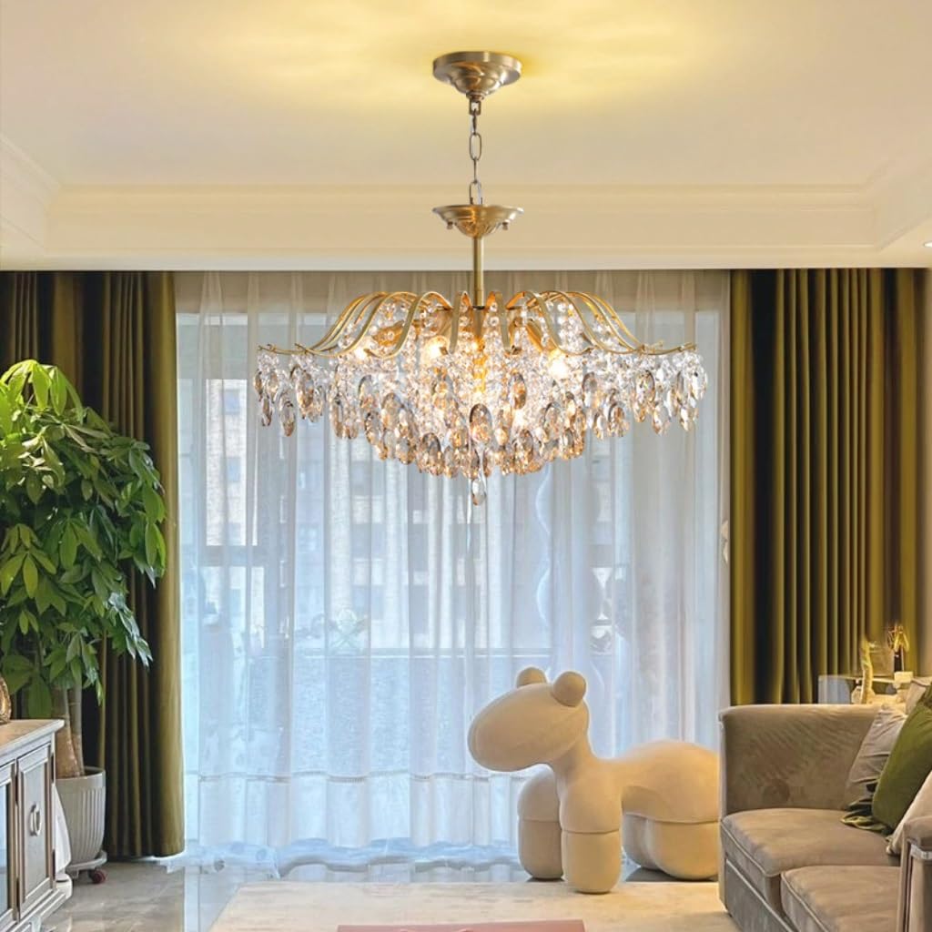 Chandelier Living Room Crystal Gold Hanging Modern K9 Crystal Droplets Ceiling Chandelier with Adjustable Chain for Living Room, Dining Room, Bedroom, Restaurant (50 cm)