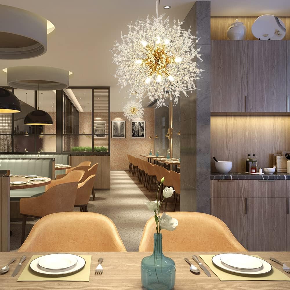 Chandelier 9 Bulbs, Modern Crystal Dandelion Fireworks Chandelier Pendant Lighting LED Ceiling Lights Crystal Ceiling Lights Hanging Fixtures (2 Crystal Rods + 9 G9 Lamp Beads for