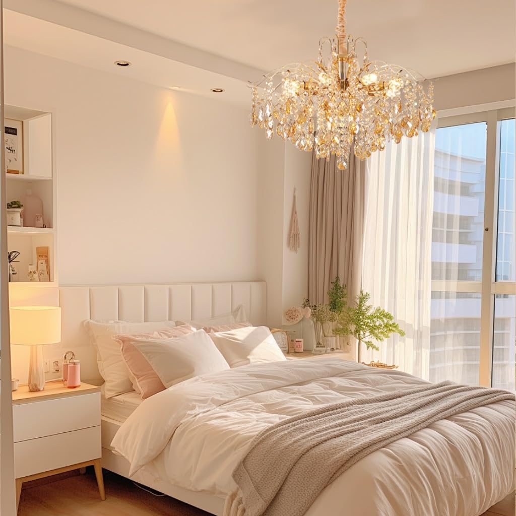 Modern Living Room Chandelier - Crystal Dimmable E14 K9 Crystal Pendant Lamp with Gold Finish, Adjustable Indoor Light Suitable for Dining Room and Bedroom Chandelier, Living Room (60 cm)