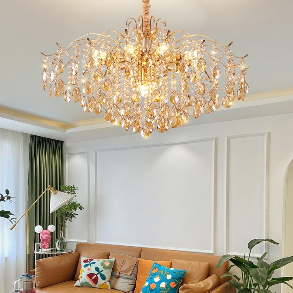 Modern Living Room Chandelier - Crystal Dimmable E14 K9 Crystal Pendant Lamp with Gold Finish, Adjustable Indoor Light Suitable for Dining Room and Bedroom Chandelier, Living Room (60 cm)