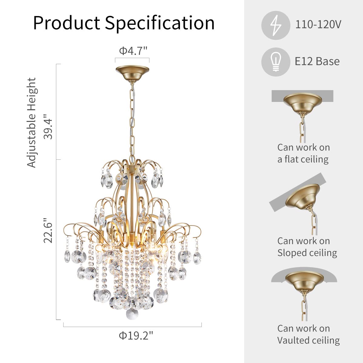 WUZUPS 5-Light Crystal Chandelier Flushmount Ceiling Light Modern Lighting for Bedroom Hallway Bar Kitchen Bathroom, H 30.5 cm x W 39 cm, E14 Base, Gold