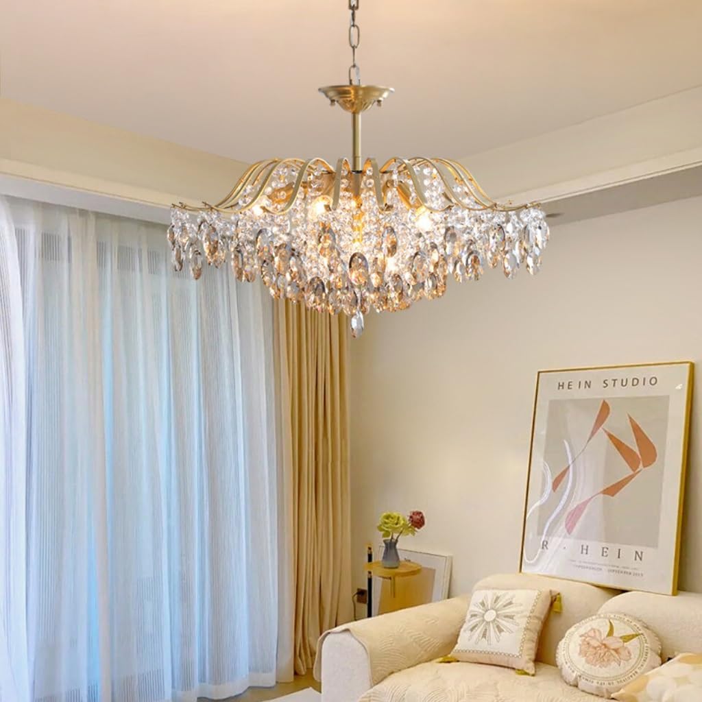 Chandelier Living Room Crystal Gold Hanging Modern K9 Crystal Droplets Ceiling Chandelier with Adjustable Chain for Living Room, Dining Room, Bedroom, Restaurant (50 cm)
