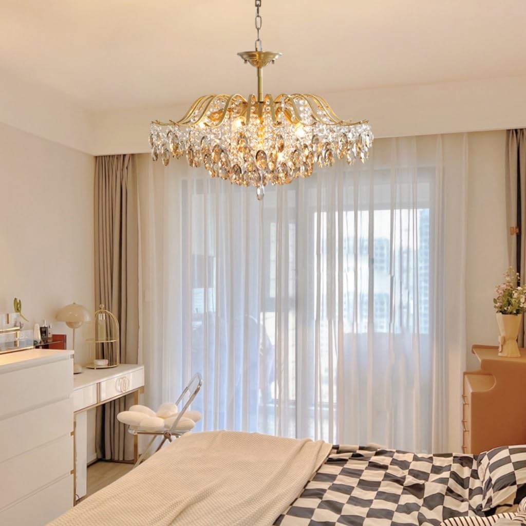 Chandelier Living Room Crystal Gold Hanging Modern K9 Crystal Droplets Ceiling Chandelier with Adjustable Chain for Living Room, Dining Room, Bedroom, Restaurant (50 cm)