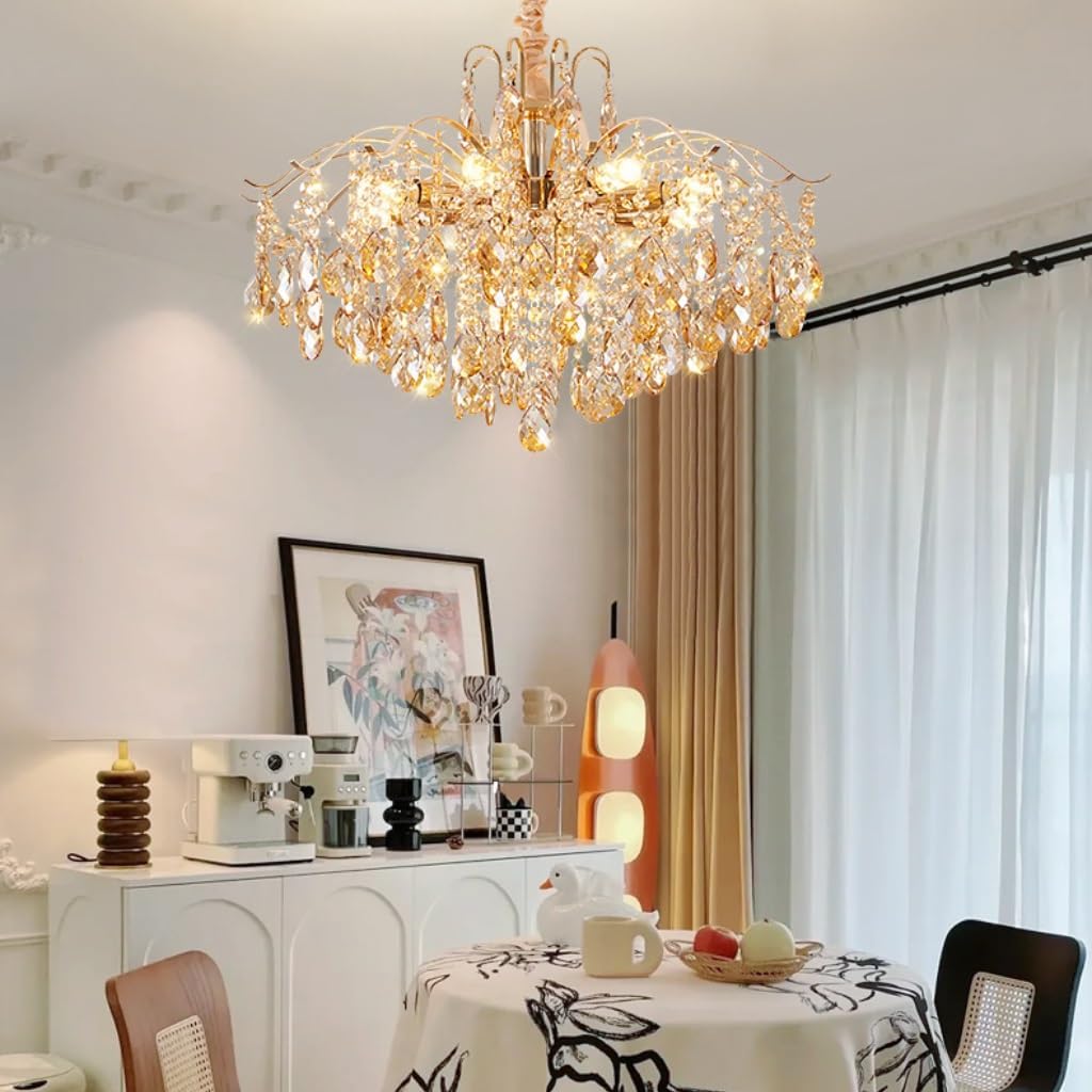 Modern Living Room Chandelier - Crystal Dimmable E14 K9 Crystal Pendant Lamp with Gold Finish, Adjustable Indoor Light Suitable for Dining Room and Bedroom Chandelier, Living Room (60 cm)