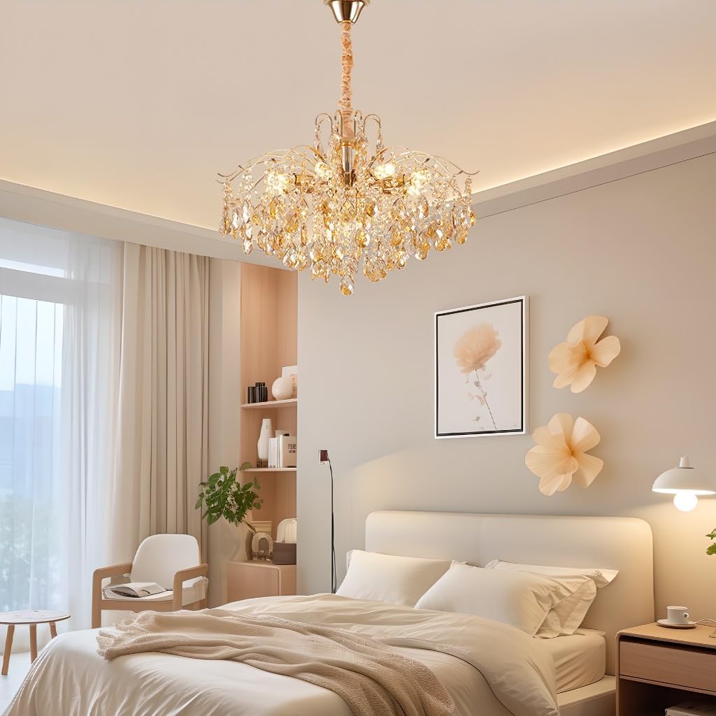 Modern Living Room Chandelier - Crystal Dimmable E14 K9 Crystal Pendant Lamp with Gold Finish, Adjustable Indoor Light Suitable for Dining Room and Bedroom Chandelier, Living Room (60 cm)