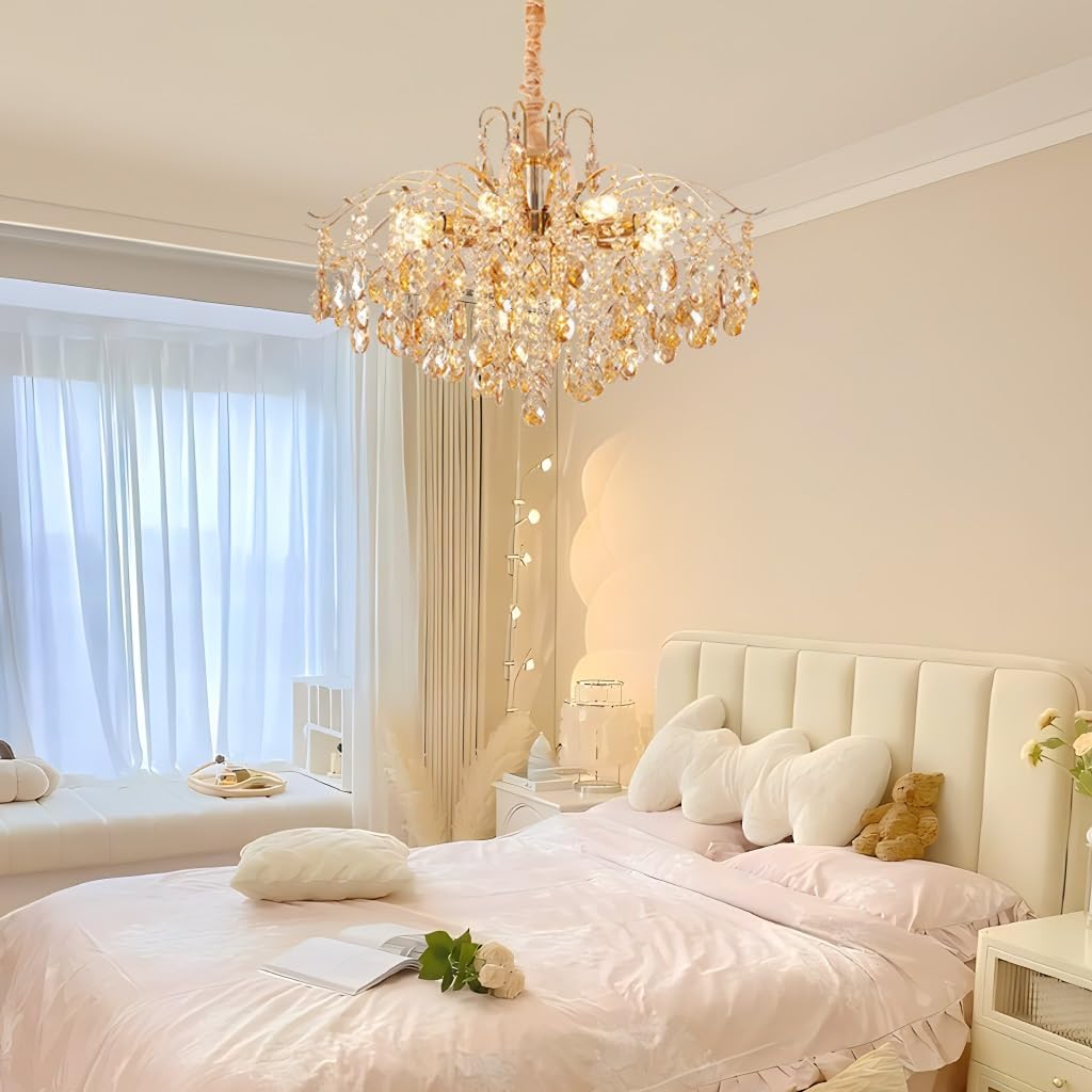 Modern Living Room Chandelier - Crystal Dimmable E14 K9 Crystal Pendant Lamp with Gold Finish, Adjustable Indoor Light Suitable for Dining Room and Bedroom Chandelier, Living Room (60 cm)