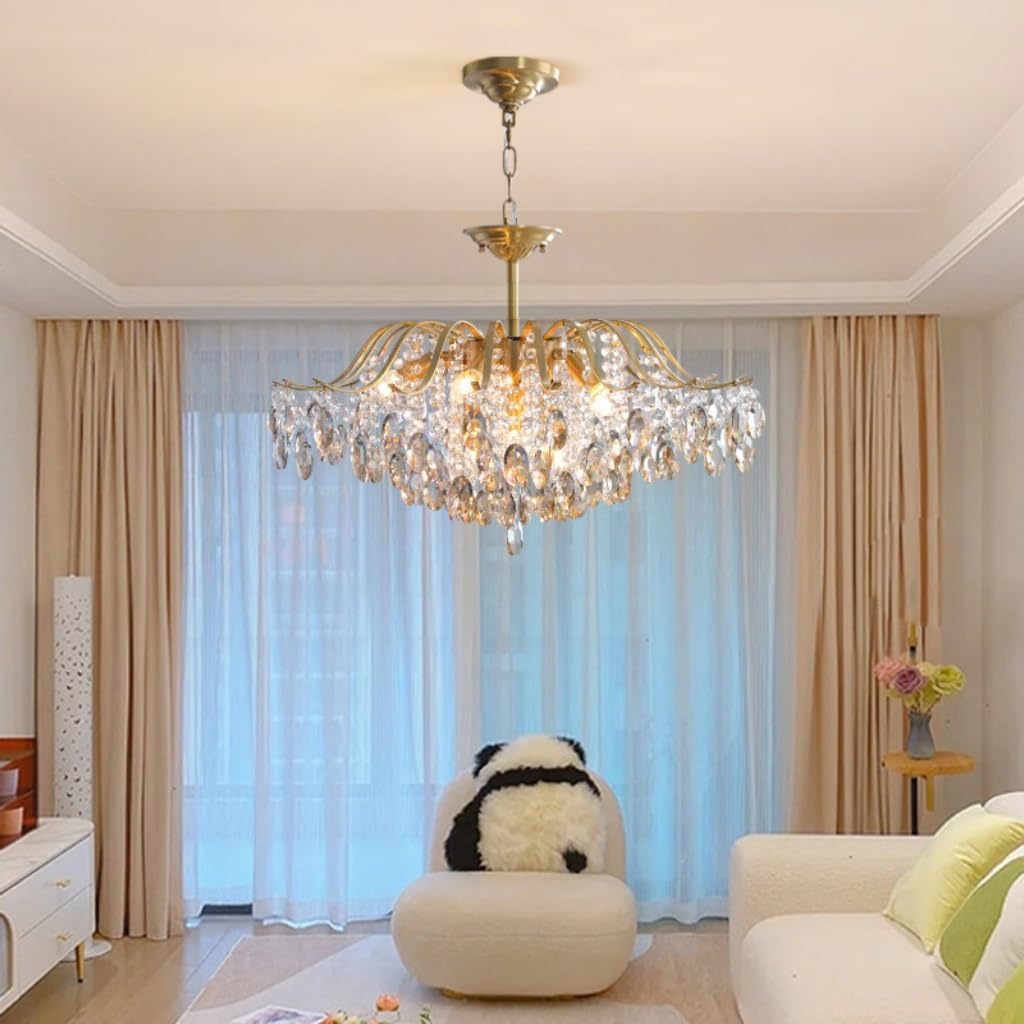 Chandelier Living Room Crystal Gold Hanging Modern K9 Crystal Droplets Ceiling Chandelier with Adjustable Chain for Living Room, Dining Room, Bedroom, Restaurant (50 cm)