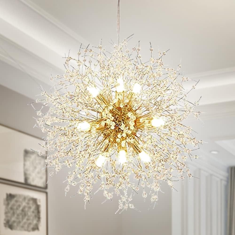 Chandelier 9 Bulbs, Modern Crystal Dandelion Fireworks Chandelier Pendant Lighting LED Ceiling Lights Crystal Ceiling Lights Hanging Fixtures (2 Crystal Rods + 9 G9 Lamp Beads for