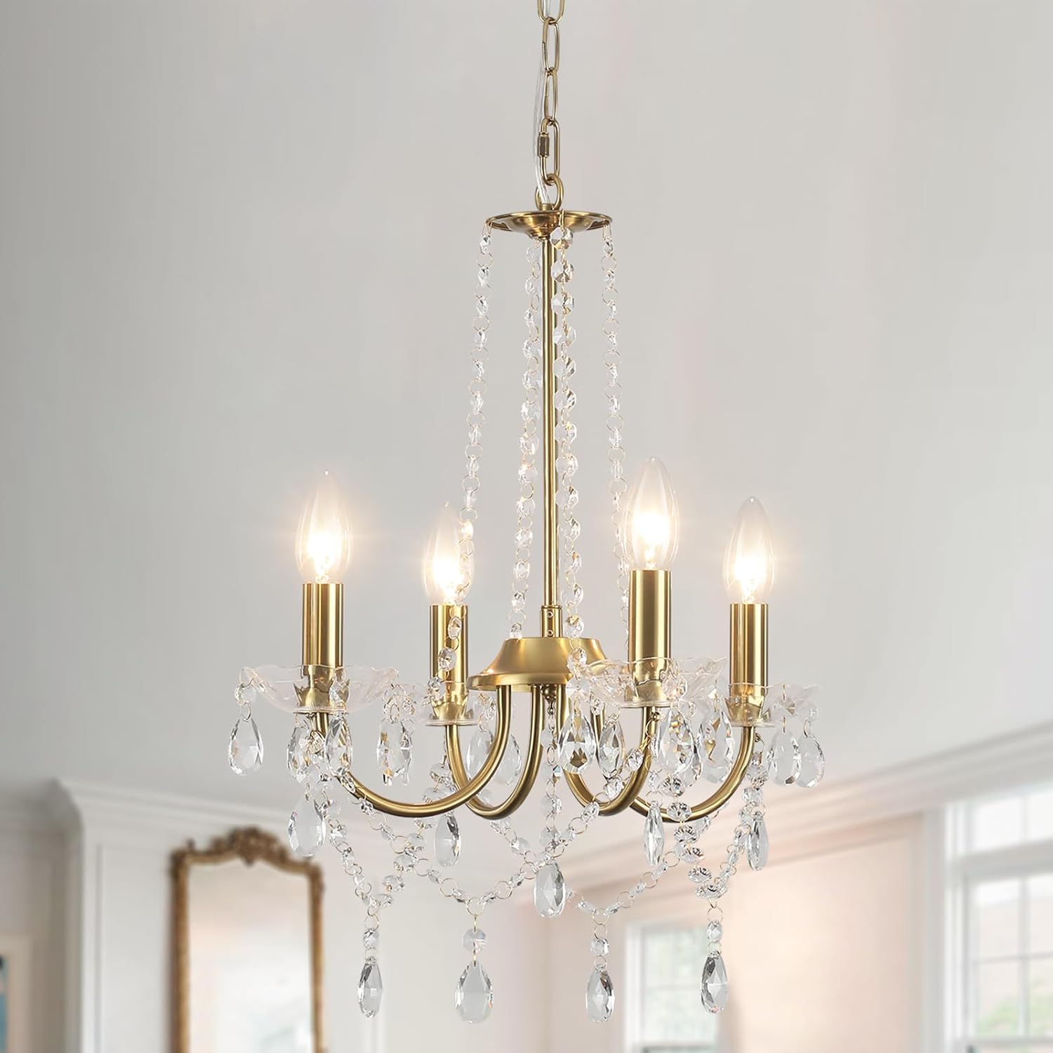 Golden Crystal Chandelier, 4 Lights Vintage Chandelier Pendant Light Modern Bedroom Living Room Dining Room Kitchen Ceiling Light Golden Hallway Dining Room Adjustable Height E14