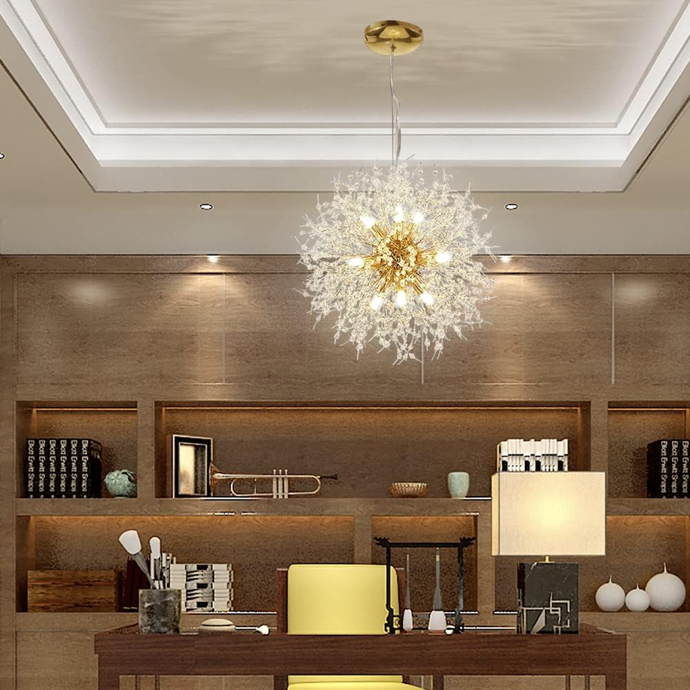 Chandelier 9 Bulbs, Modern Crystal Dandelion Fireworks Chandelier Pendant Lighting LED Ceiling Lights Crystal Ceiling Lights Hanging Fixtures (2 Crystal Rods + 9 G9 Lamp Beads for