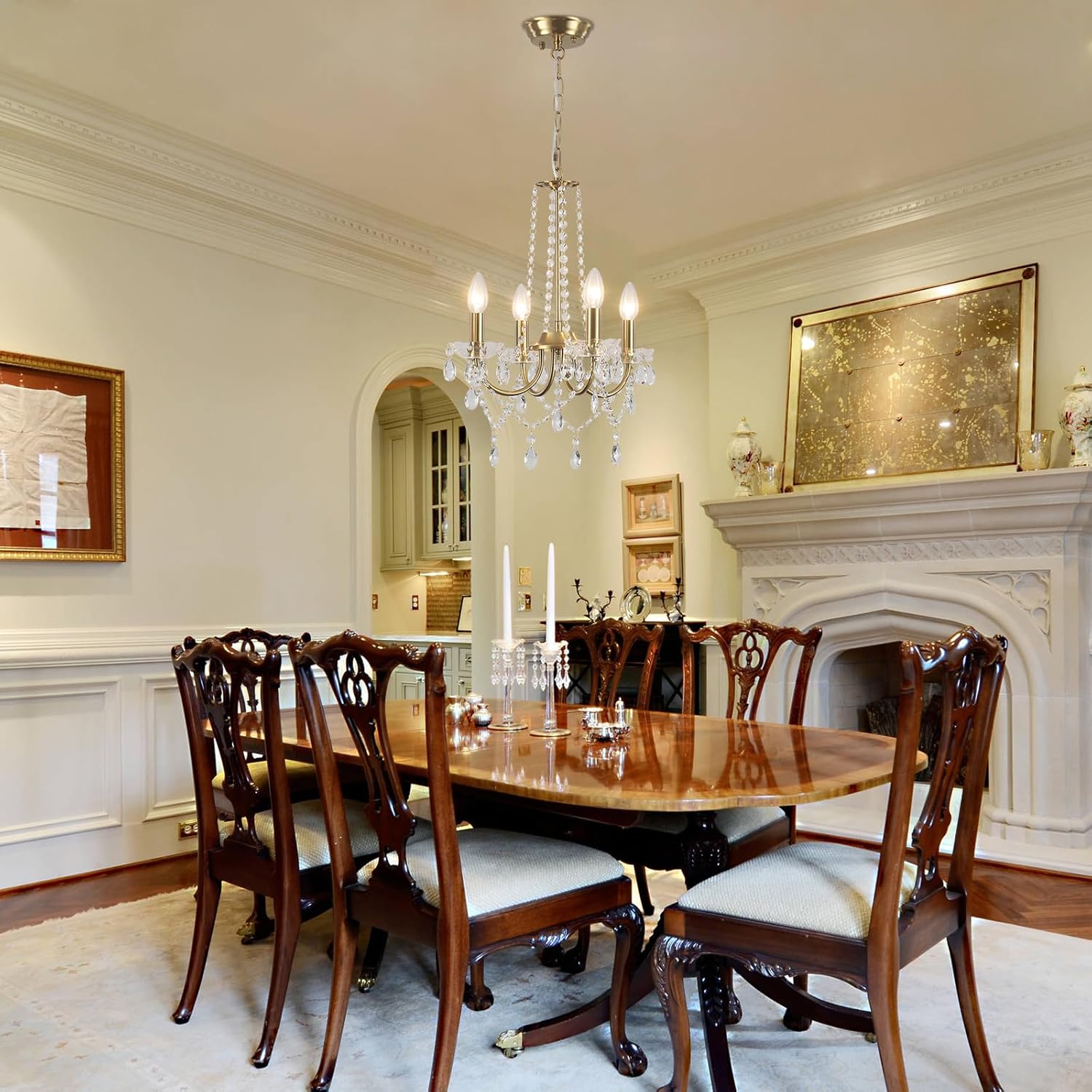 Golden Crystal Chandelier, 4 Lights Vintage Chandelier Pendant Light Modern Bedroom Living Room Dining Room Kitchen Ceiling Light Golden Hallway Dining Room Adjustable Height E14