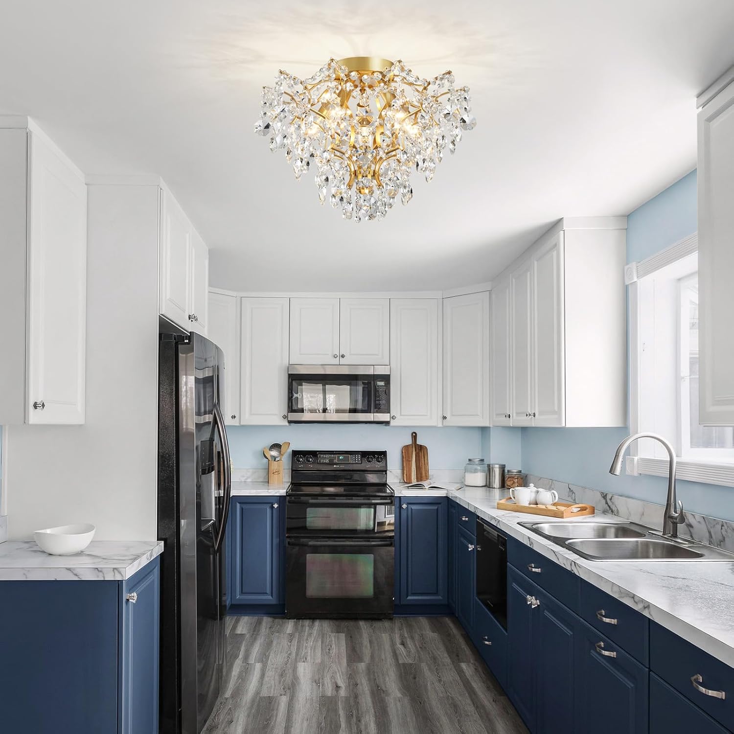 WUZUPS 5-Light Crystal Chandelier Flushmount Ceiling Light Modern Lighting for Bedroom Hallway Bar Kitchen Bathroom, H 30.5 cm x W 39 cm, E14 Base, Gold