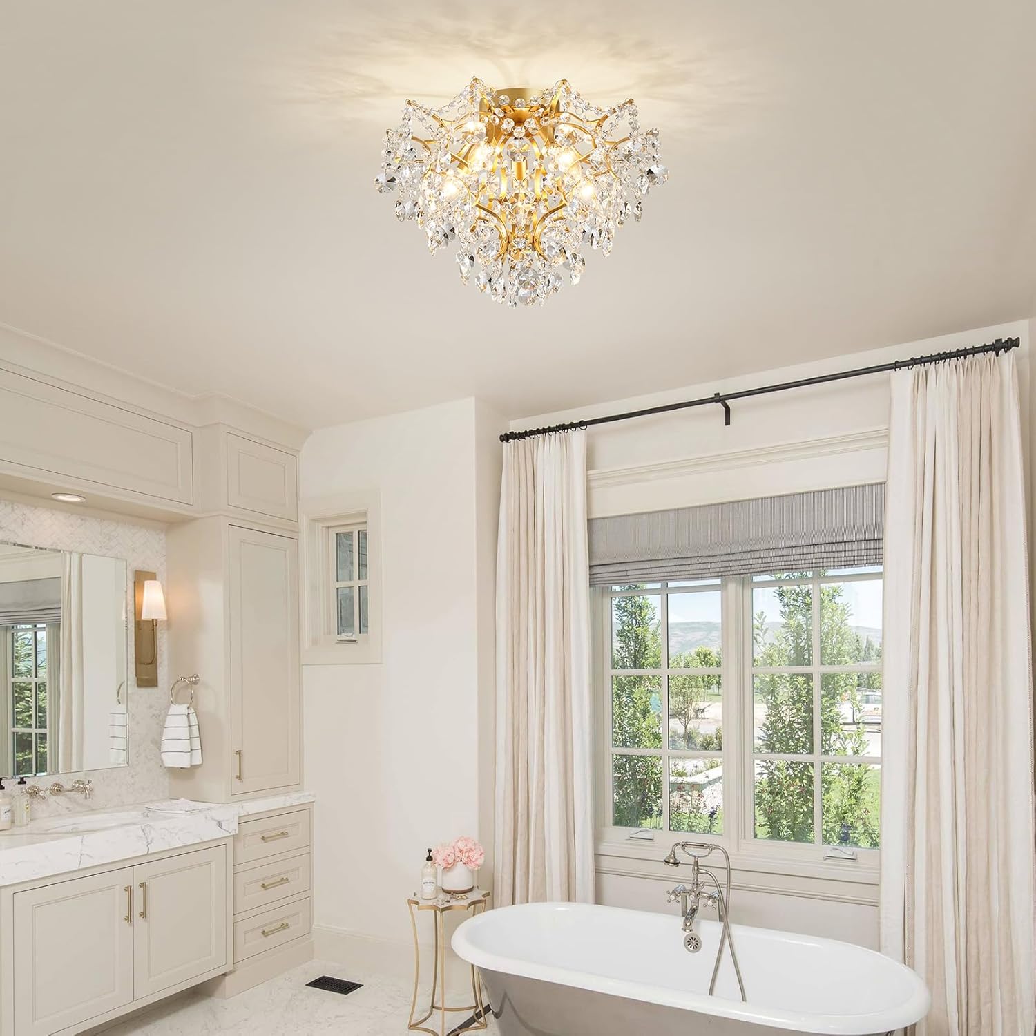 WUZUPS 5-Light Crystal Chandelier Flushmount Ceiling Light Modern Lighting for Bedroom Hallway Bar Kitchen Bathroom, H 30.5 cm x W 39 cm, E14 Base, Gold