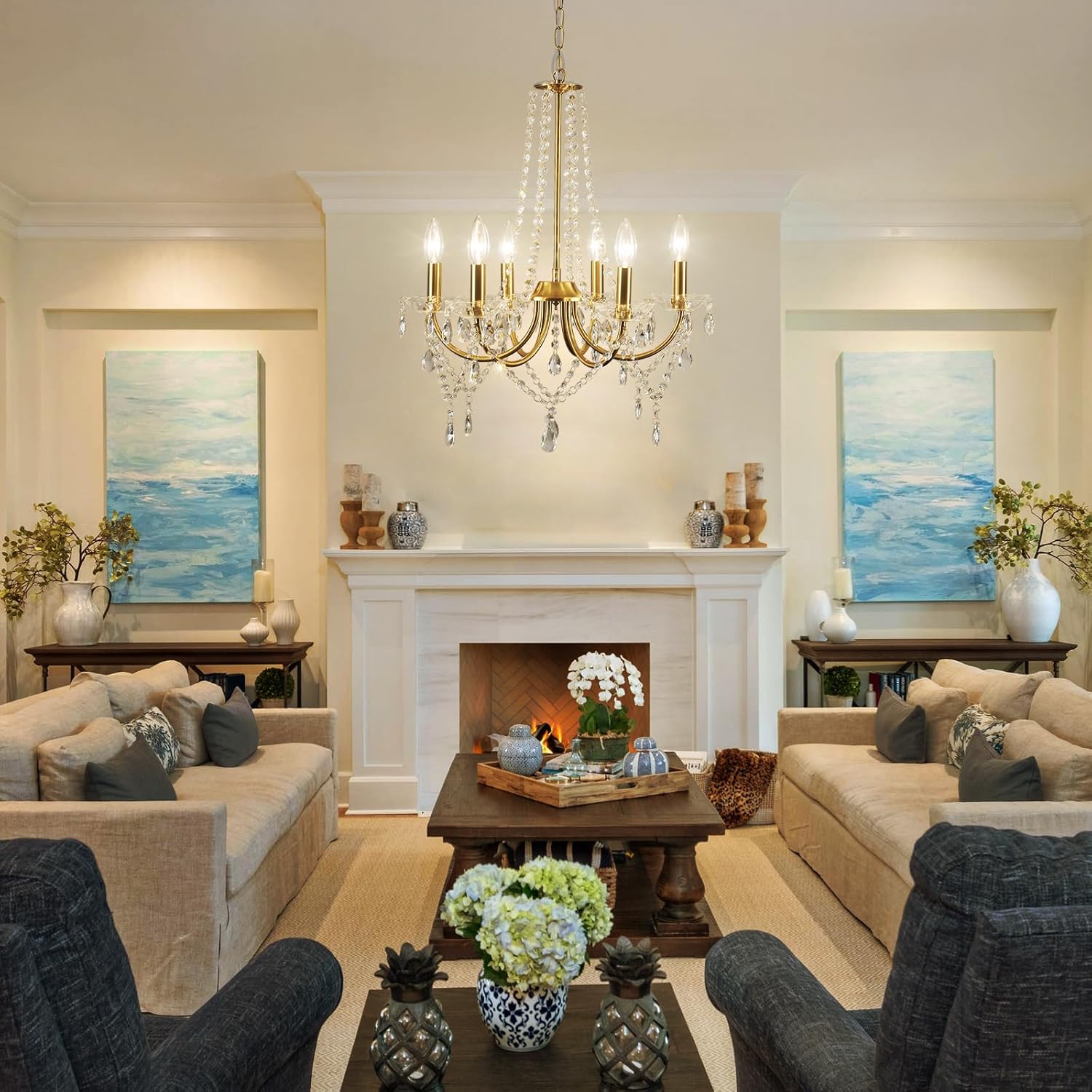 Crystal Chandelier Gold Chandelier Dining Room Light Fixtures Indoor Suitable for Dining Rooms, Living Rooms, Corridors and Bedrooms, L 51 x H 58, E14 Socket (Bulb Not Included)