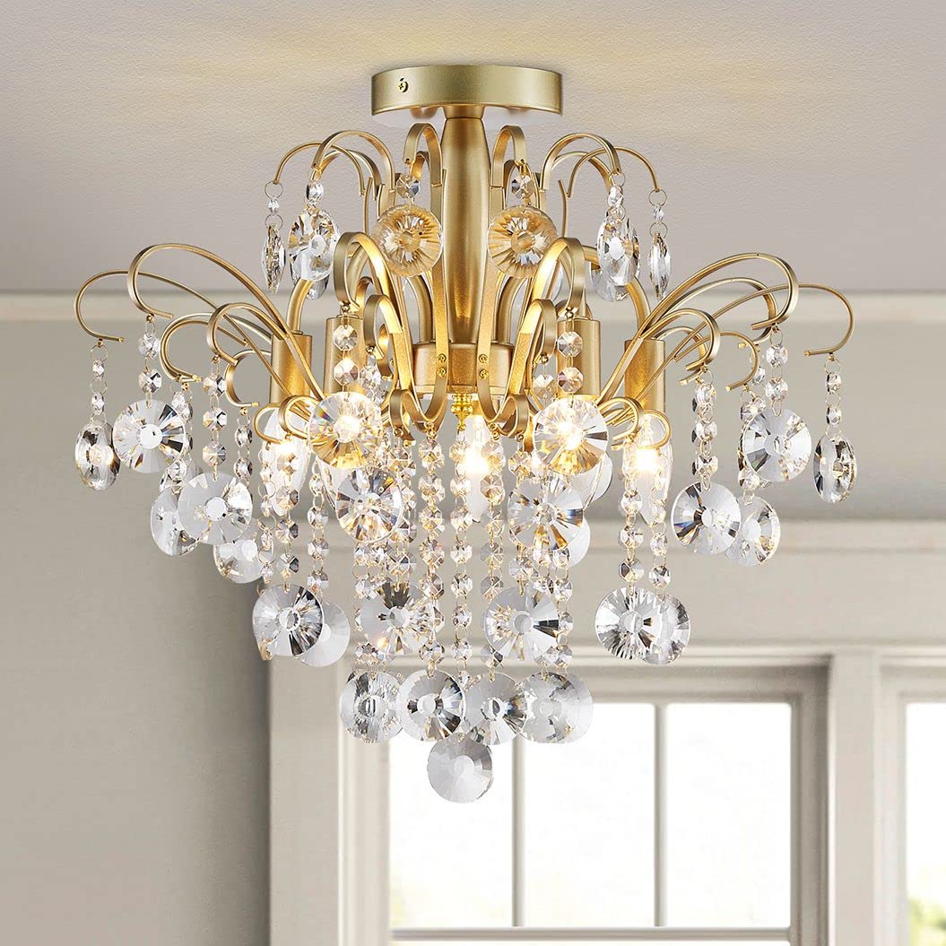 WUZUPS 5-Light Crystal Chandelier Flushmount Ceiling Light Modern Lighting for Bedroom Hallway Bar Kitchen Bathroom, H 30.5 cm x W 39 cm, E14 Base, Gold