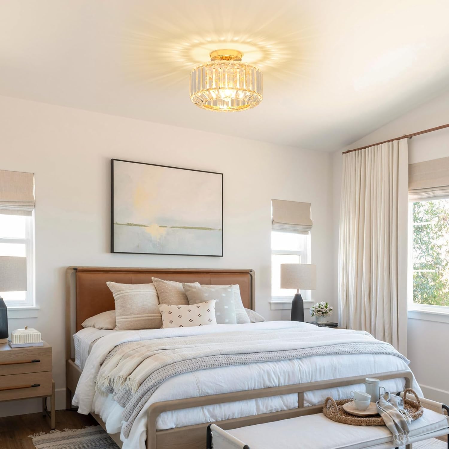 Golden Crystal Living Room Ceiling Light with Glass Shade - Modern Chandelier for Bedroom, Dining Room, Hallway, Kitchen