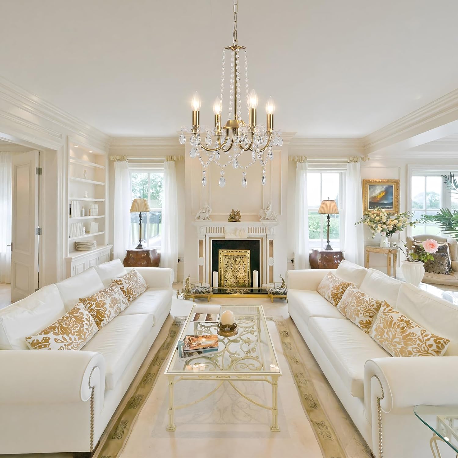 Golden Crystal Chandelier, 4 Lights Vintage Chandelier Pendant Light Modern Bedroom Living Room Dining Room Kitchen Ceiling Light Golden Hallway Dining Room Adjustable Height E14