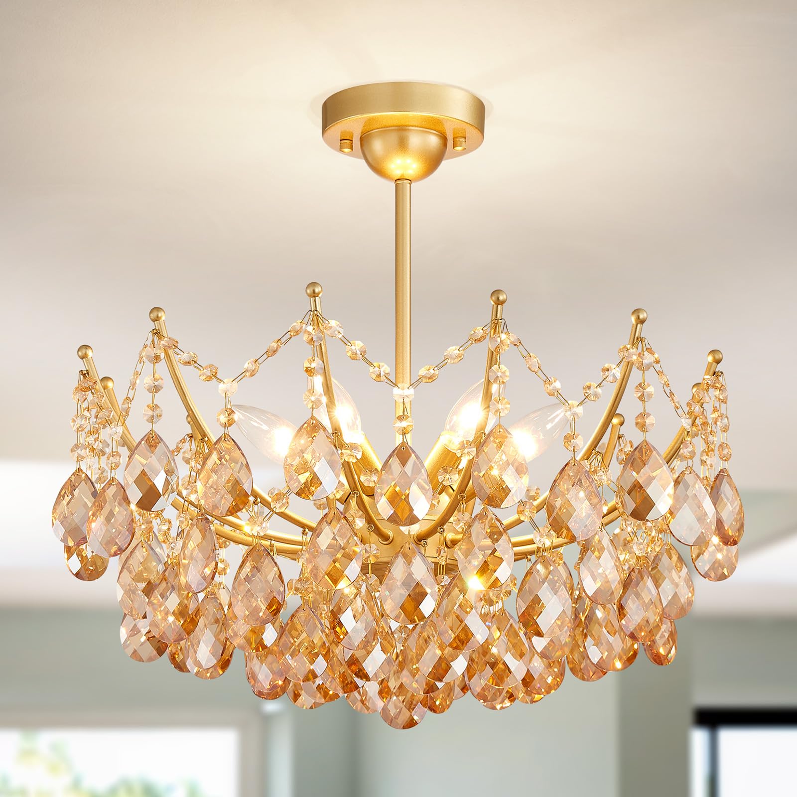 WUZUPS 5-Light Crystal Chandelier Flushmount Ceiling Light Modern Lighting for Bedroom Hallway Bar Kitchen Bathroom, H 30.5 cm x W 39 cm, E14 Base, Gold
