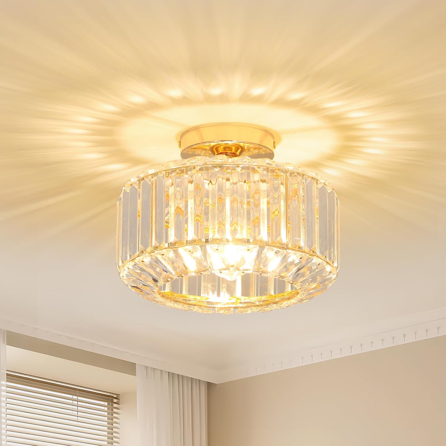 Golden Crystal Living Room Ceiling Light with Glass Shade - Modern Chandelier for Bedroom, Dining Room, Hallway, Kitchen