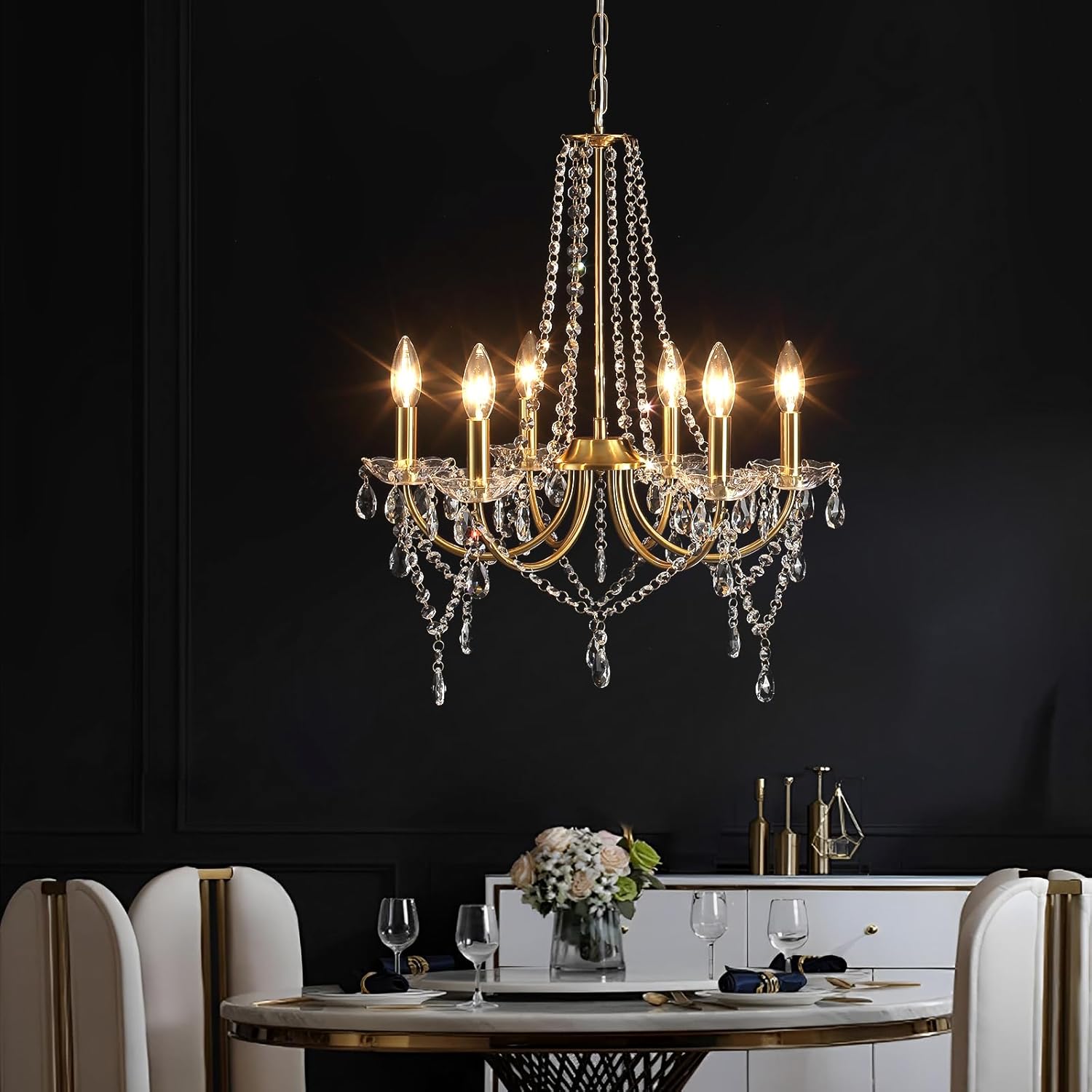 Crystal Chandelier Gold Chandelier Dining Room Light Fixtures Indoor Suitable for Dining Rooms, Living Rooms, Corridors and Bedrooms, L 51 x H 58, E14 Socket (Bulb Not Included)