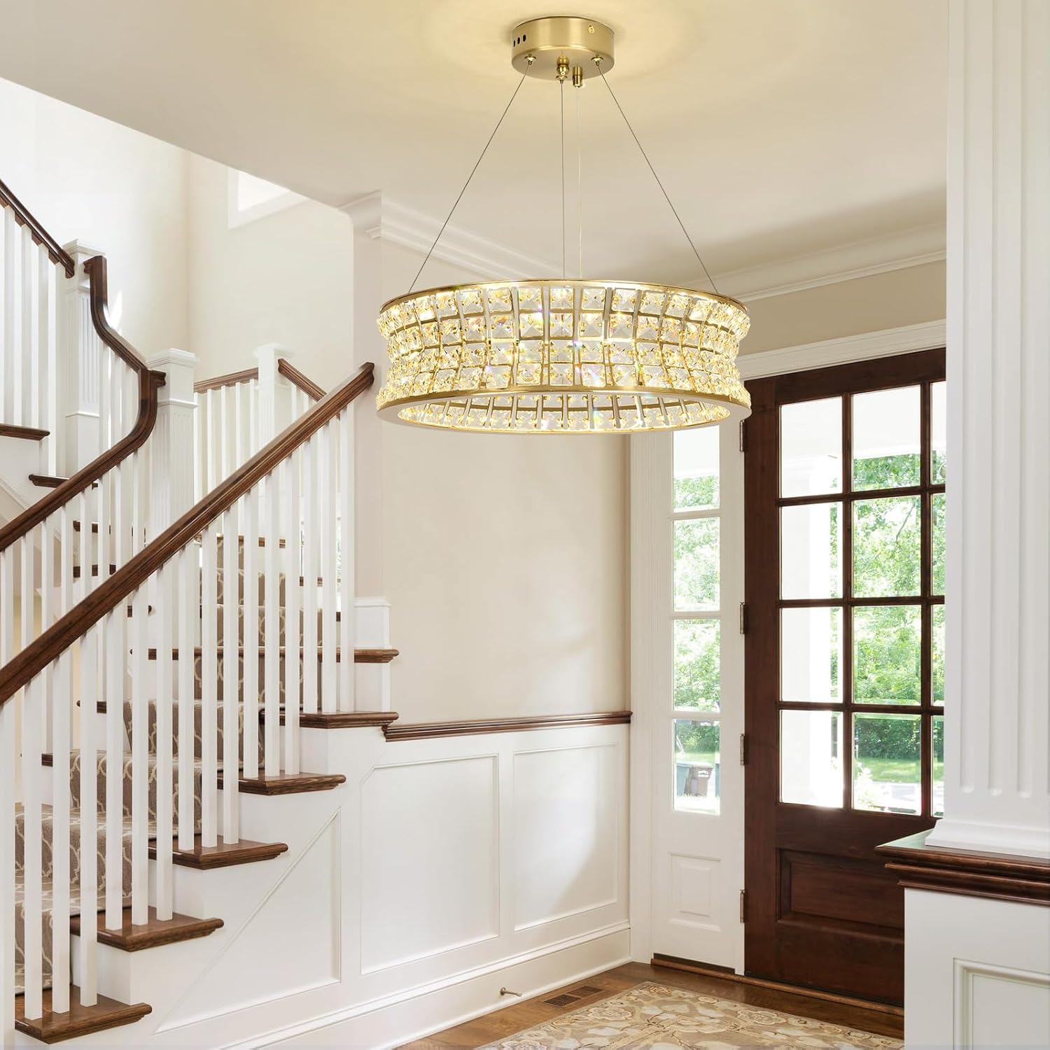 Modern Gold Crystal Chandelier, Round LED Pendant Lights, Adjustable Gold Hanging Chandeliers for Entrance Hall Living Dining Room 40cm
