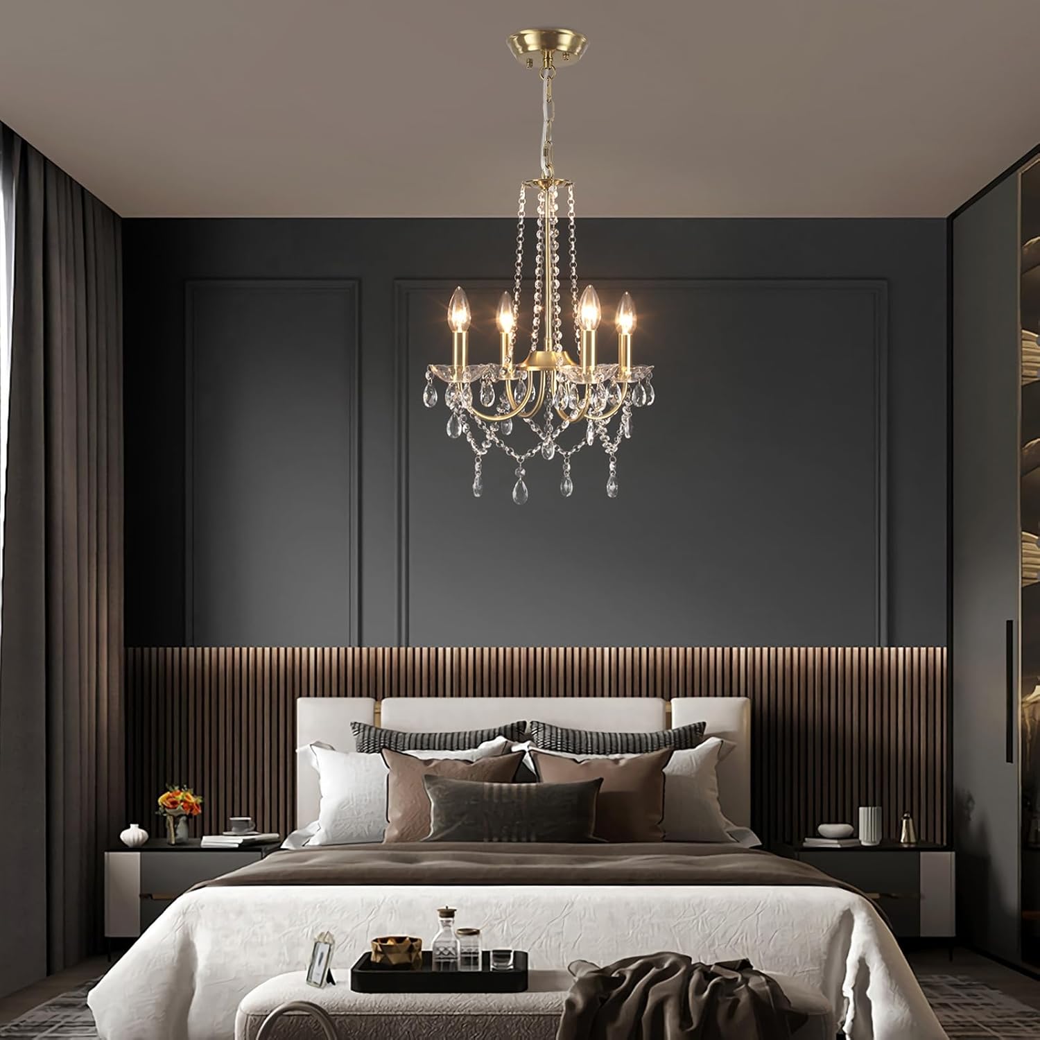 Golden Crystal Chandelier, 4 Lights Vintage Chandelier Pendant Light Modern Bedroom Living Room Dining Room Kitchen Ceiling Light Golden Hallway Dining Room Adjustable Height E14