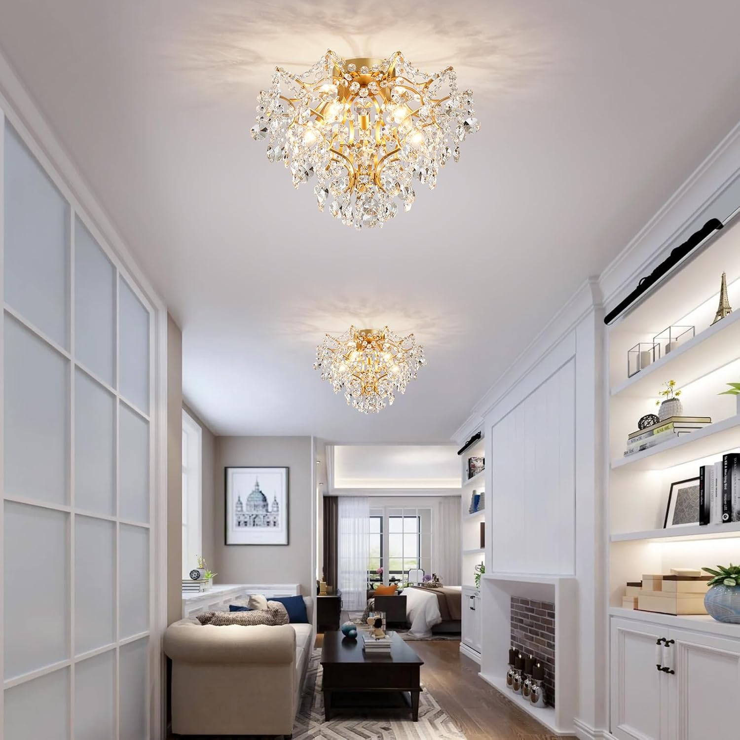 WUZUPS 5-Light Crystal Chandelier Flushmount Ceiling Light Modern Lighting for Bedroom Hallway Bar Kitchen Bathroom, H 30.5 cm x W 39 cm, E14 Base, Gold