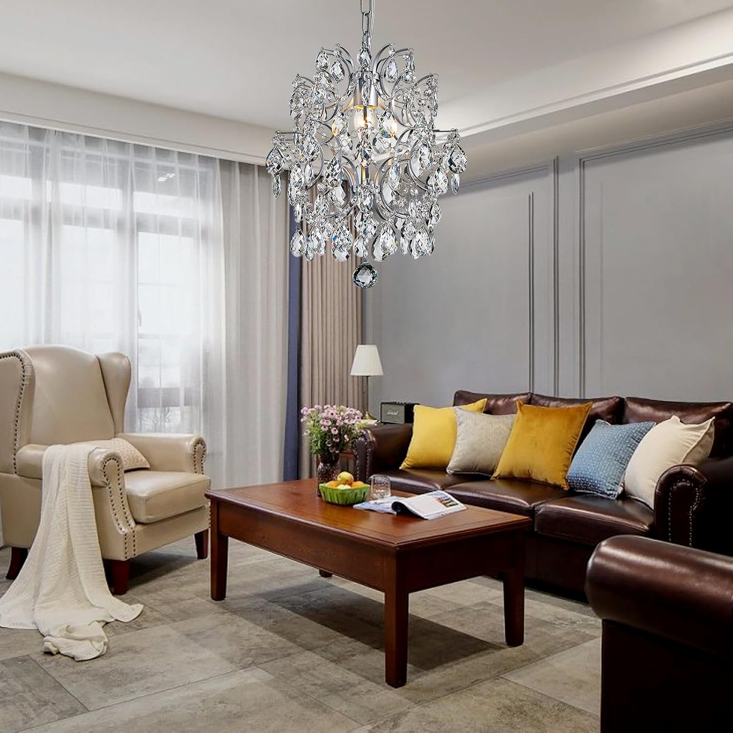 BESTIER Modern Pendant Crystal Chandelier Raindrop Lighting Ceiling Light Lamp for Dining Room Bathroom Bedroom Living Room 1 Bulbs E27 Required D32cm x H40cm