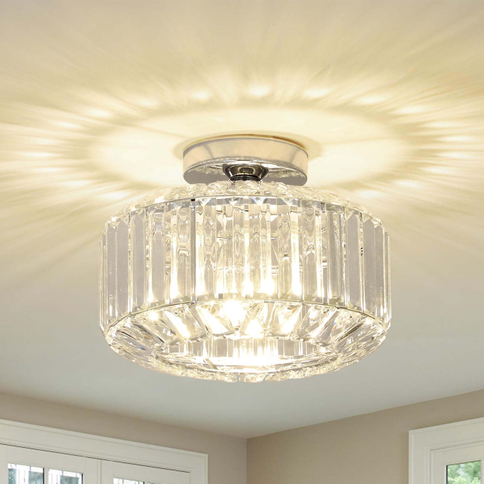 Golden Crystal Living Room Ceiling Light with Glass Shade - Modern Chandelier for Bedroom, Dining Room, Hallway, Kitchen