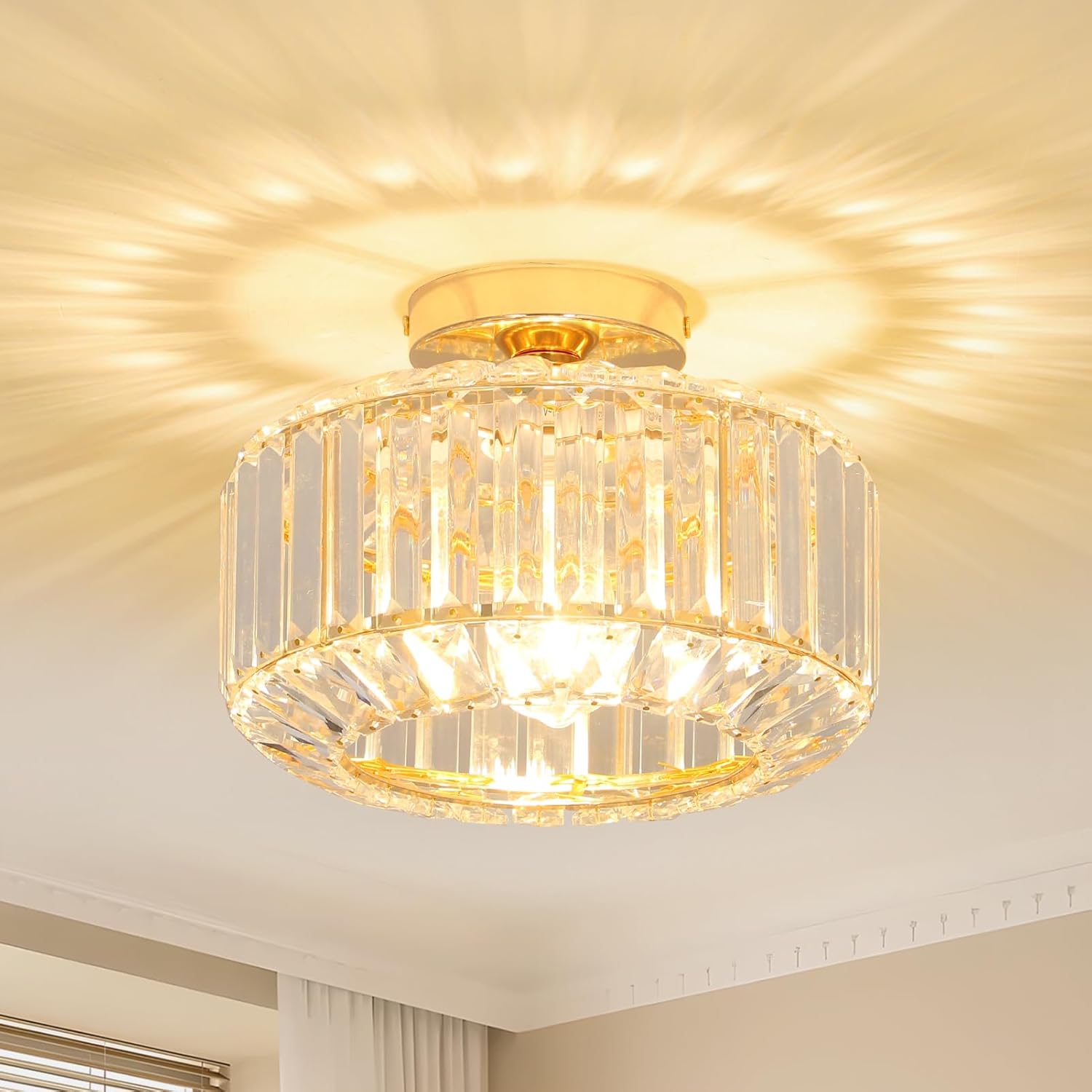 Golden Crystal Living Room Ceiling Light with Glass Shade - Modern Chandelier for Bedroom, Dining Room, Hallway, Kitchen