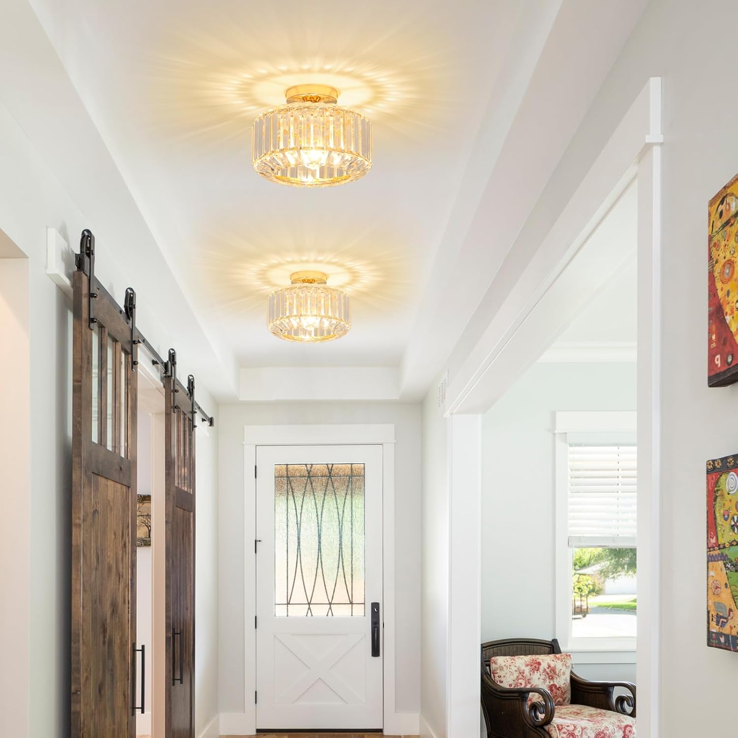 Golden Crystal Living Room Ceiling Light with Glass Shade - Modern Chandelier for Bedroom, Dining Room, Hallway, Kitchen