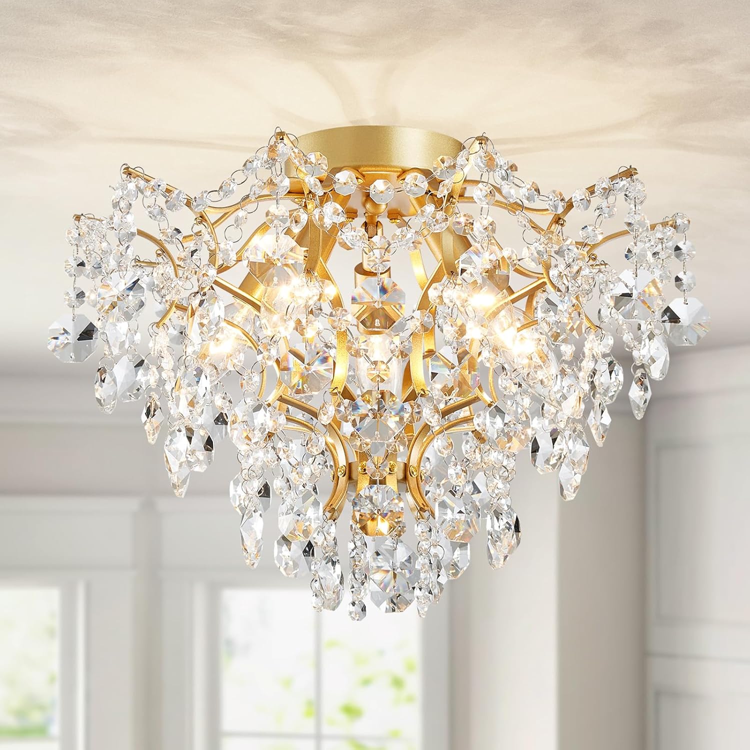 WUZUPS 5-Light Crystal Chandelier Flushmount Ceiling Light Modern Lighting for Bedroom Hallway Bar Kitchen Bathroom, H 30.5 cm x W 39 cm, E14 Base, Gold
