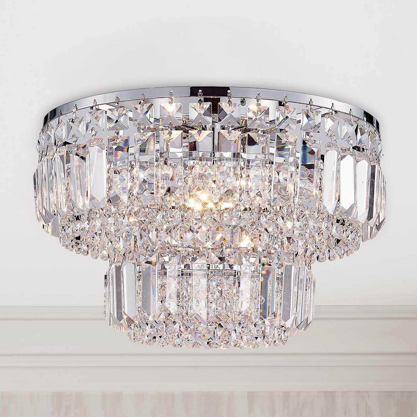 BESTIER Modern Gold Crystal Recessed Chandelier Lighting LED Ceiling Light Fixture Lamp For Dining Room Bathroom Bedroom Living Room 4 Bulbs G9 Required D33 x H24