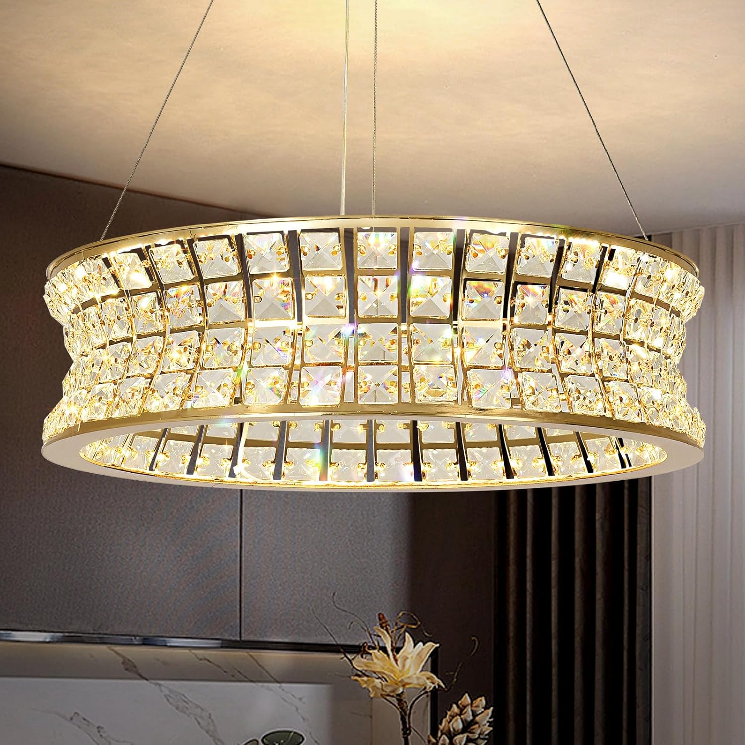 Modern Gold Crystal Chandelier, Round LED Pendant Lights, Adjustable Gold Hanging Chandeliers for Entrance Hall Living Dining Room 40cm