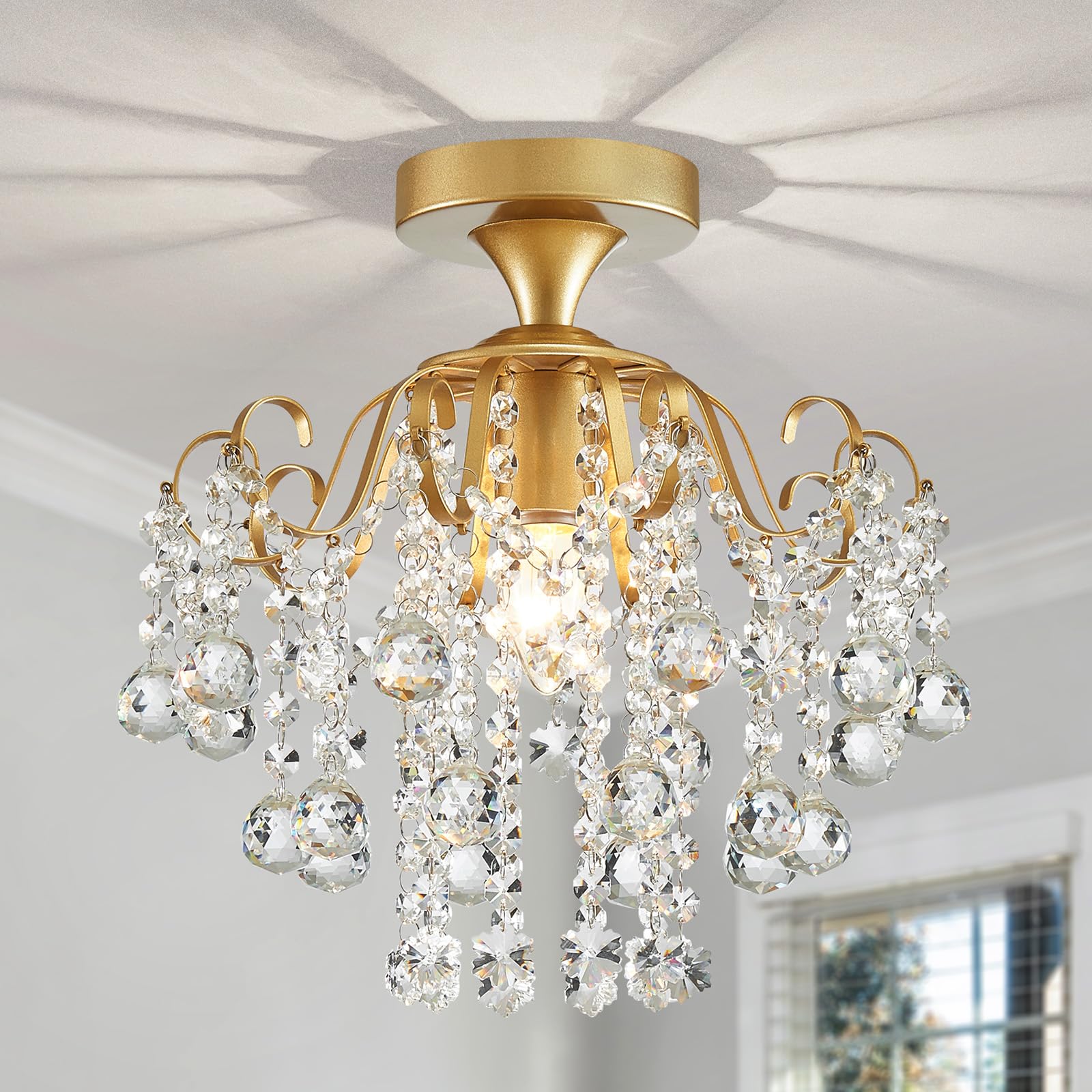 WUZUPS 5-Light Crystal Chandelier Flushmount Ceiling Light Modern Lighting for Bedroom Hallway Bar Kitchen Bathroom, H 30.5 cm x W 39 cm, E14 Base, Gold