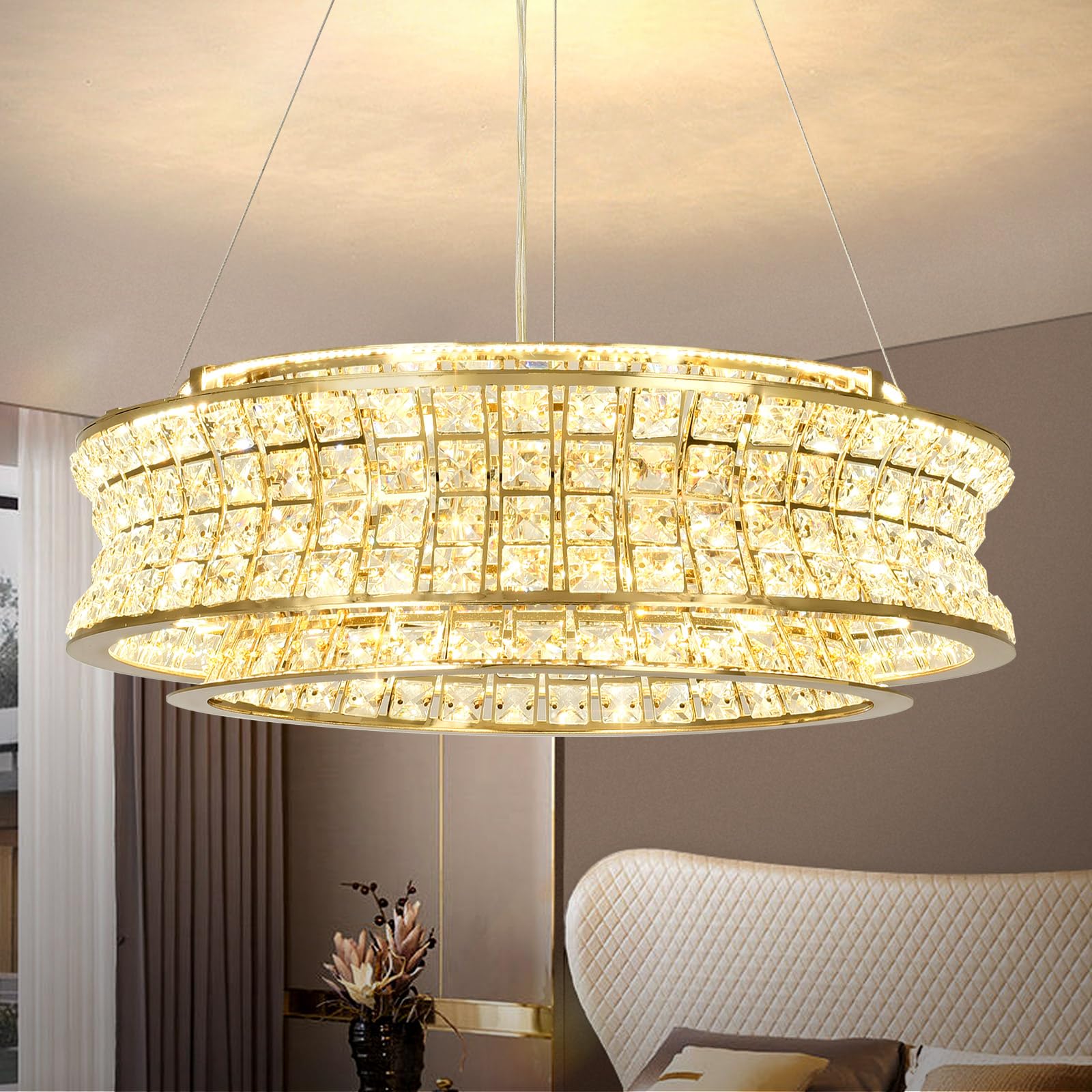 Modern Gold Crystal Chandelier, Round LED Pendant Lights, Adjustable Gold Hanging Chandeliers for Entrance Hall Living Dining Room 40cm