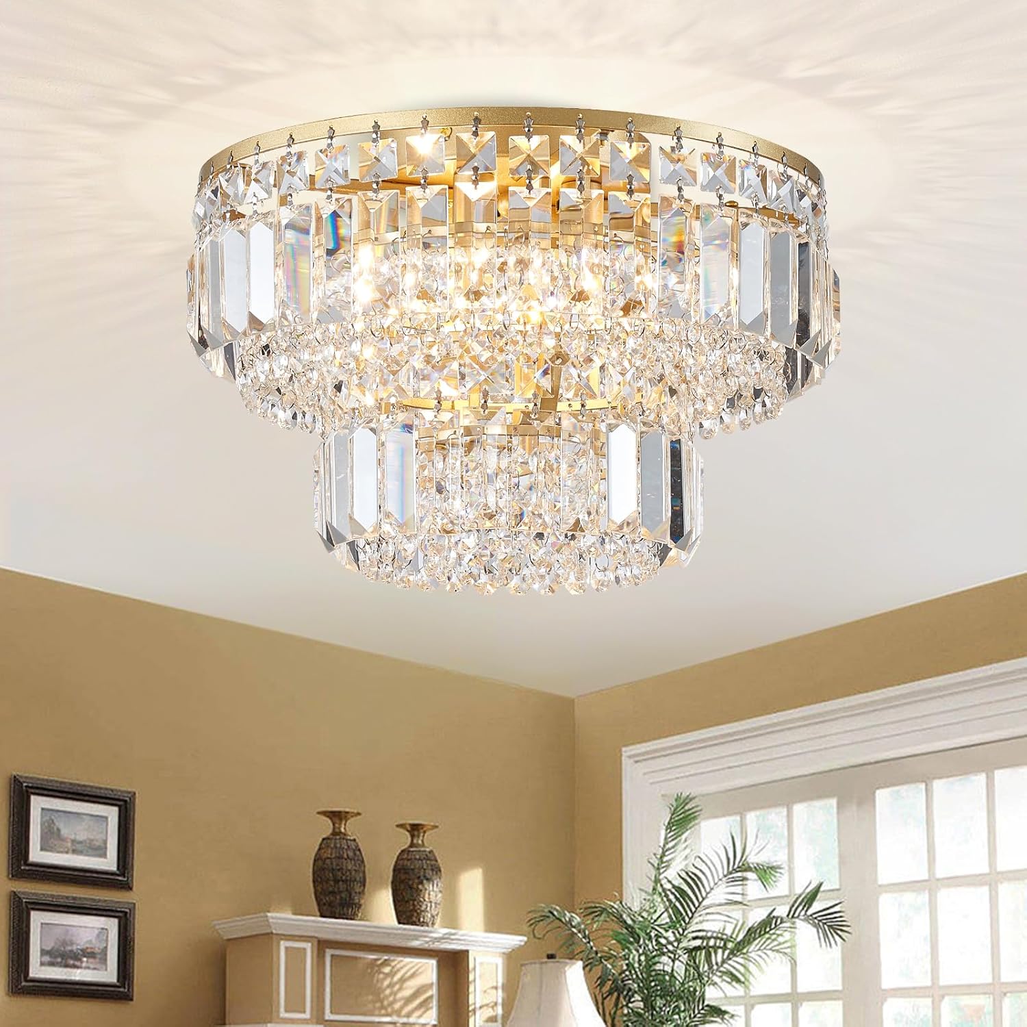BESTIER Modern Gold Crystal Recessed Chandelier Lighting LED Ceiling Light Fixture Lamp For Dining Room Bathroom Bedroom Living Room 4 Bulbs G9 Required D33 x H24