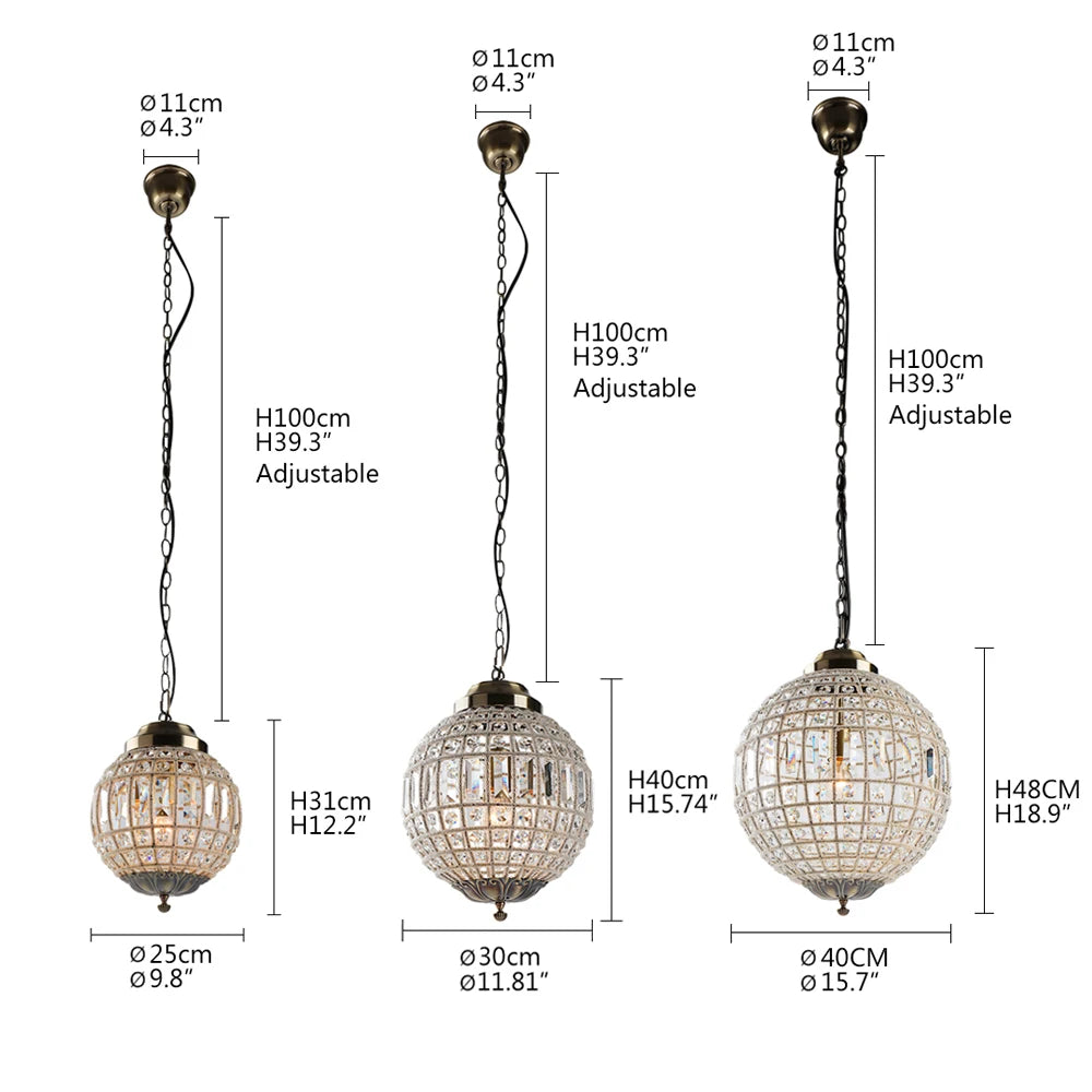 Lustre boule en cristal, globe vintage K9, suspension bronze ajustable