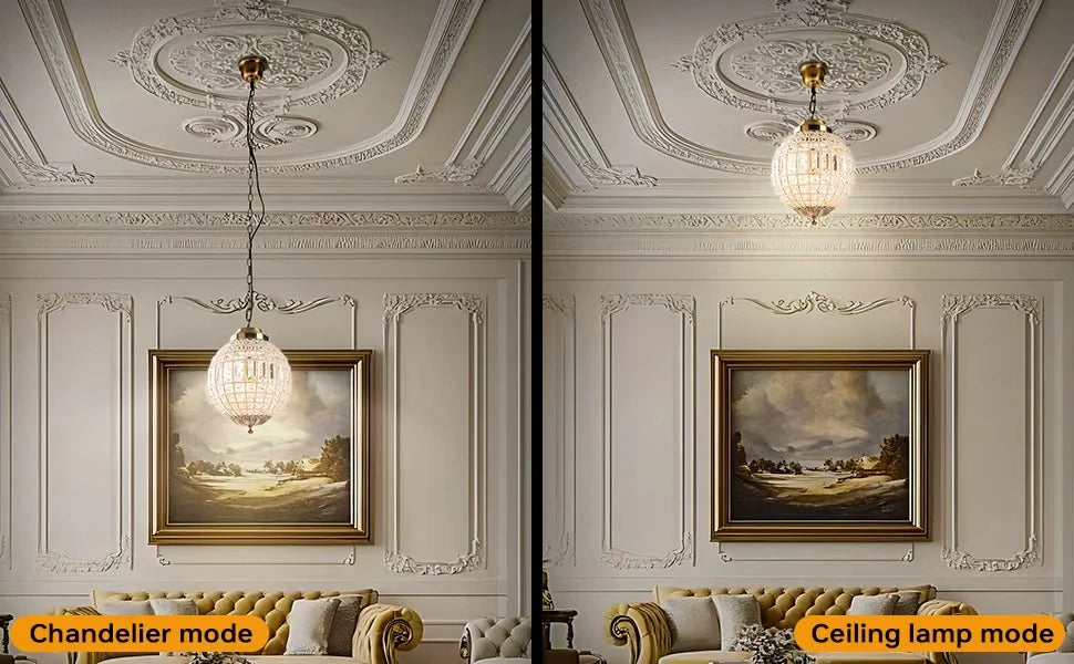 Lustre boule en cristal, globe vintage K9, suspension bronze ajustable