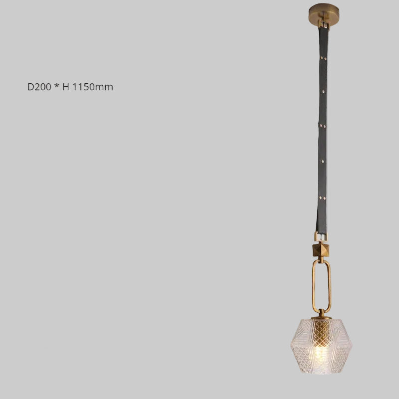 Lustre boule en cristal avec suspension en cuir et verre moderne.