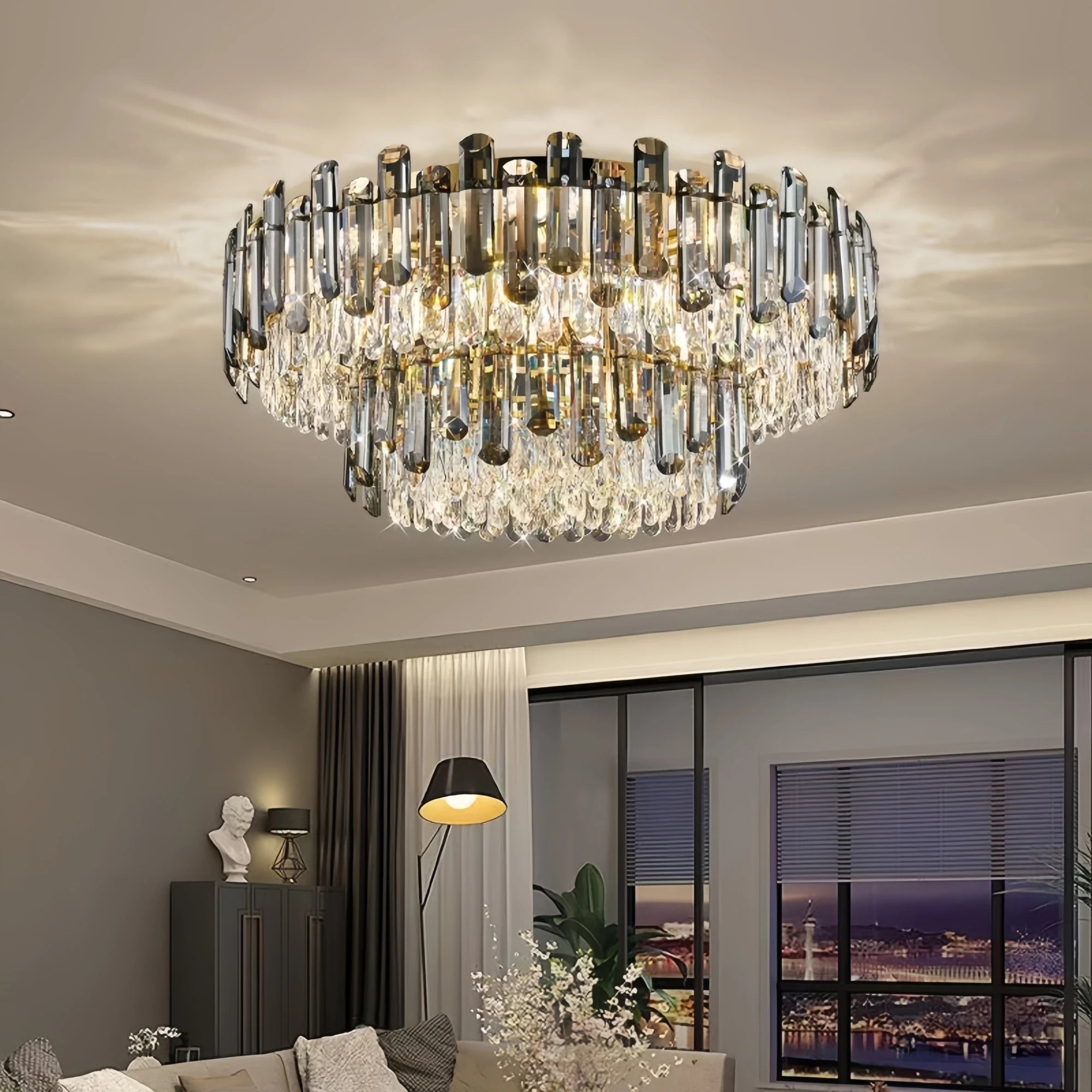 Lustre Chambre en Cristal Élégant Suspension Dorée Design Moderne