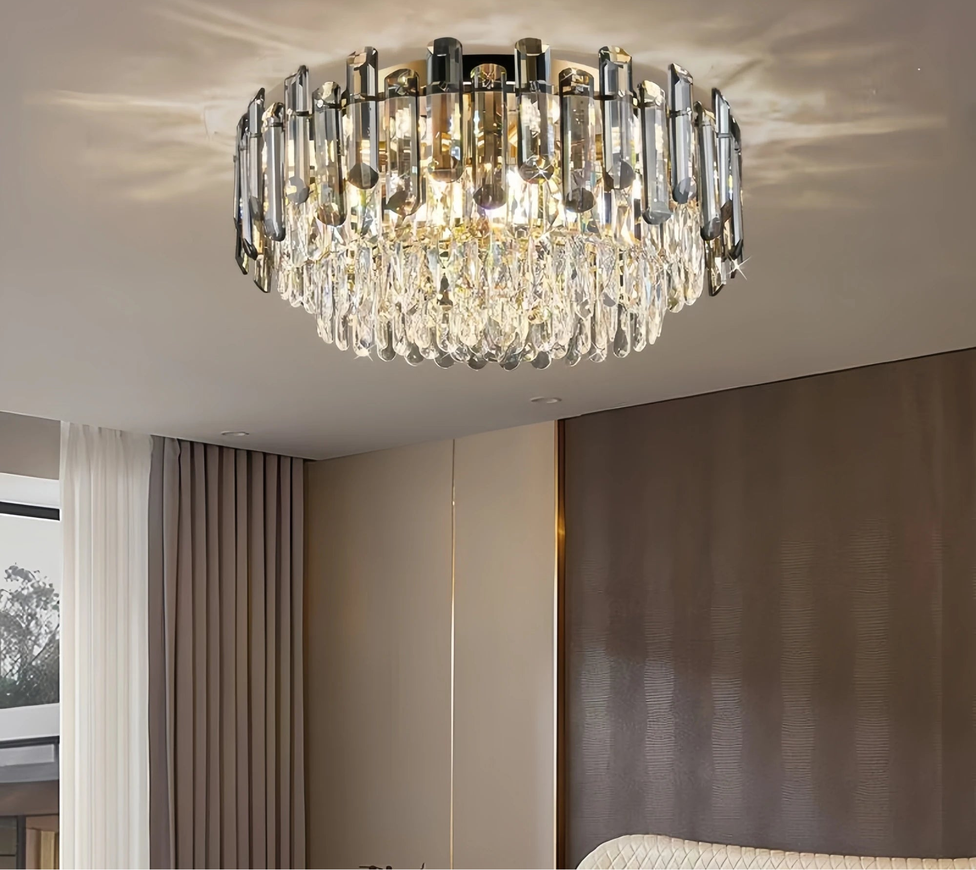 Lustre Chambre en Cristal Élégant Suspension Dorée Design Moderne
