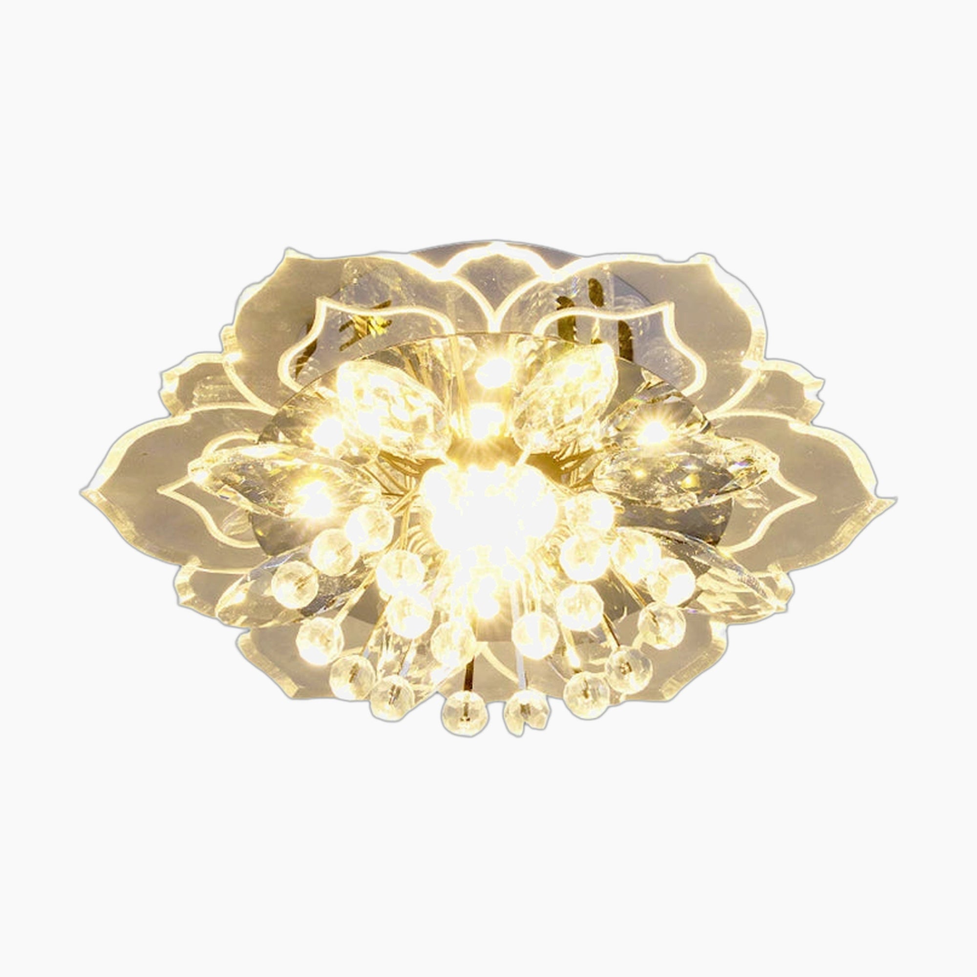 Lustre boule en cristal avec fleurs, éclairage coloré pour intérieur.