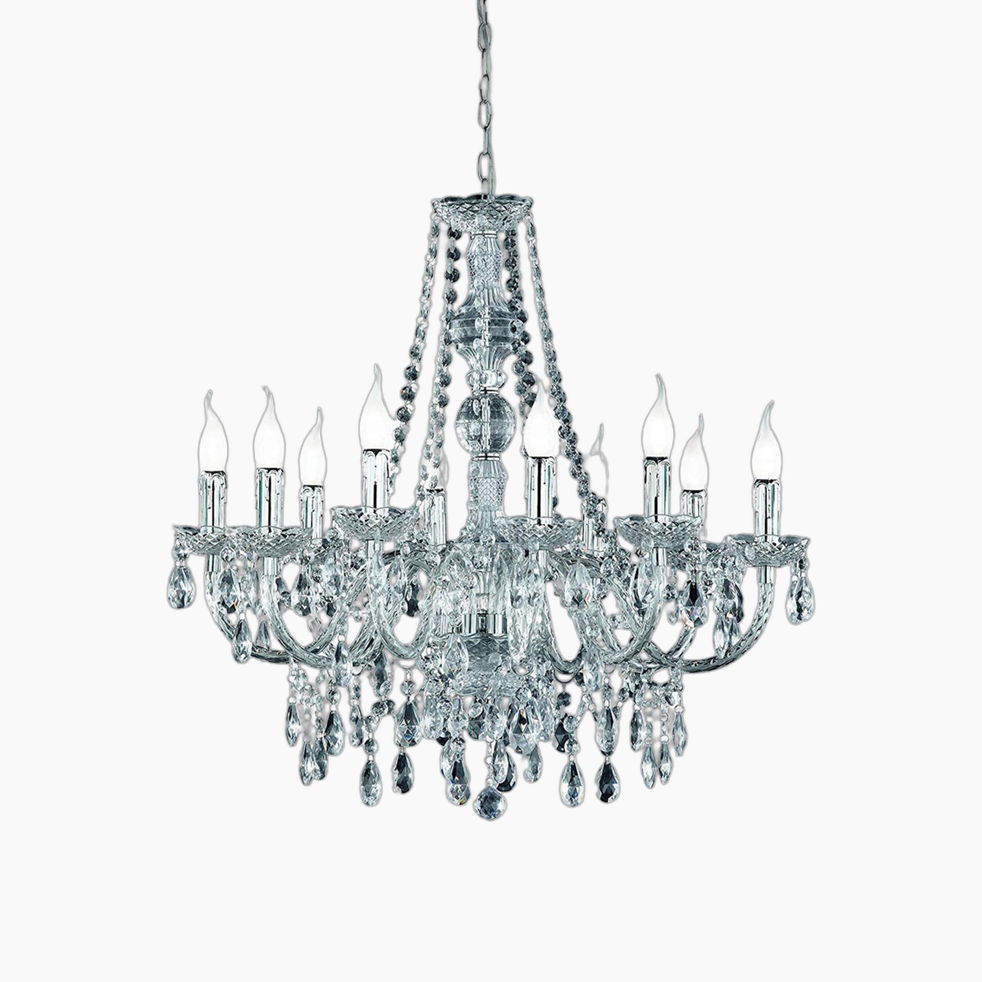 Lustre chambre en cristal long suspendu pour plafonds élevés, design élégant avec cierges