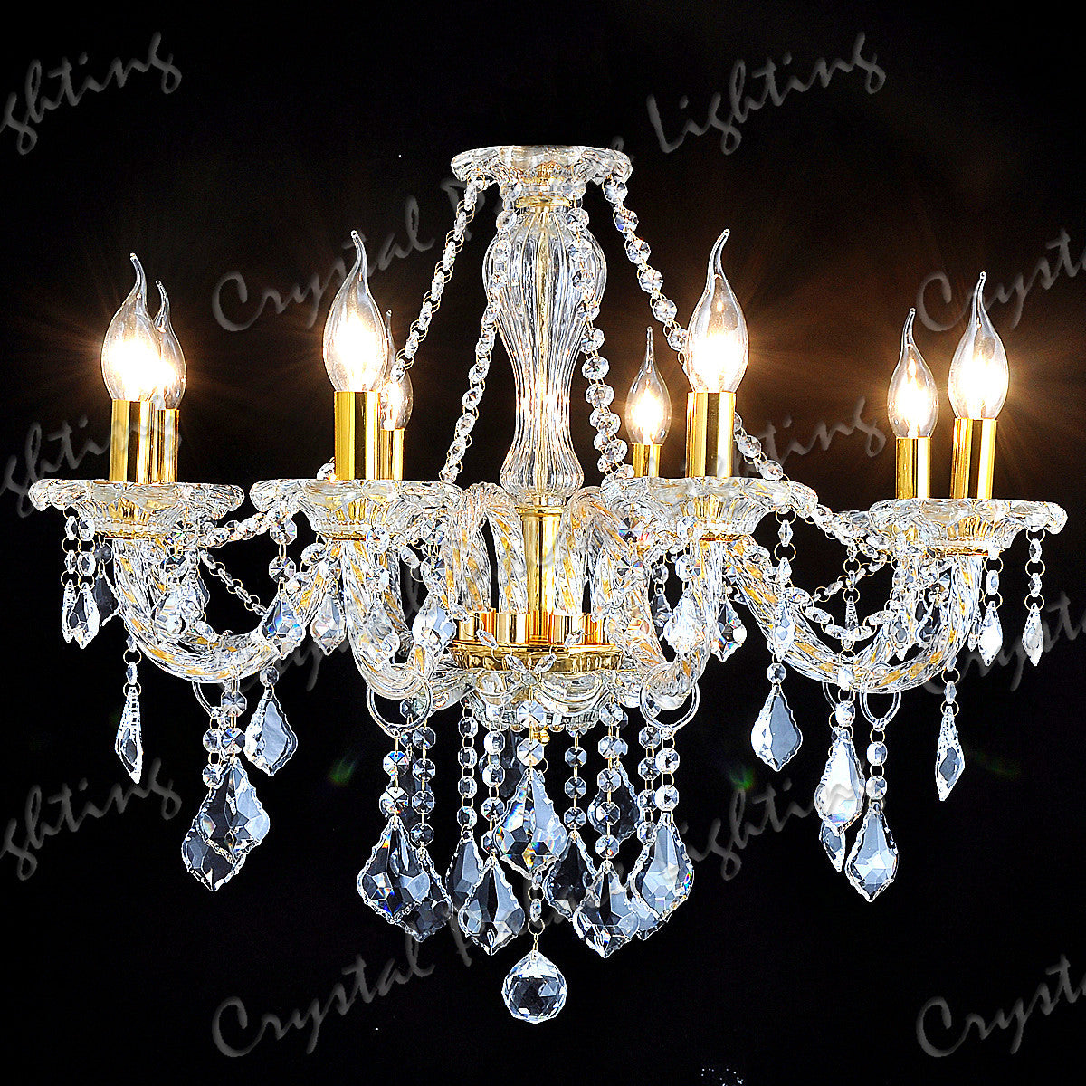 Original K9 Kristall Kronleuchter KLAR GOLD 6, 8, 10 Lichter gedrehter Arm Ahornblatt-