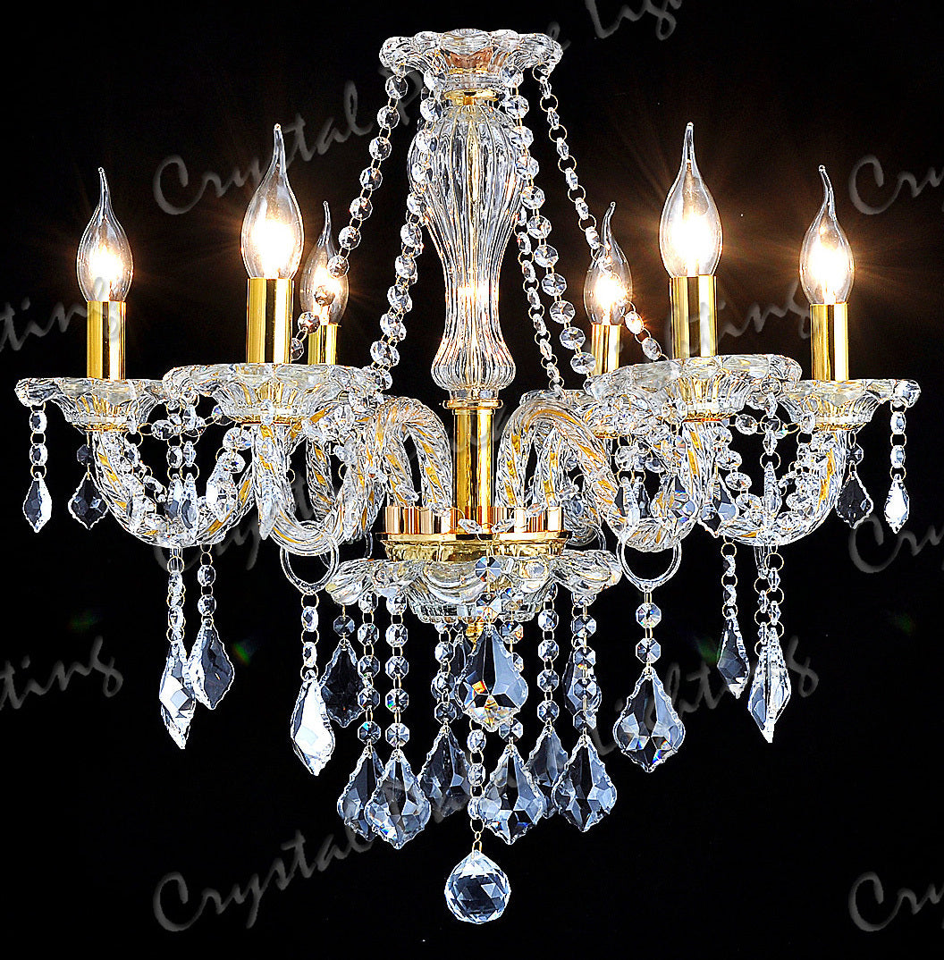 Original K9 Kristall Kronleuchter KLAR GOLD 6, 8, 10 Lichter gedrehter Arm Ahornblatt-