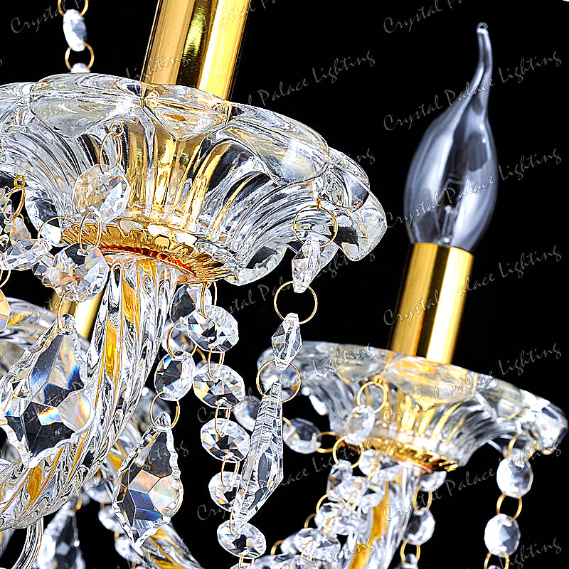 Original K9 Kristall Kronleuchter KLAR GOLD 6, 8, 10 Lichter gedrehter Arm Ahornblatt-