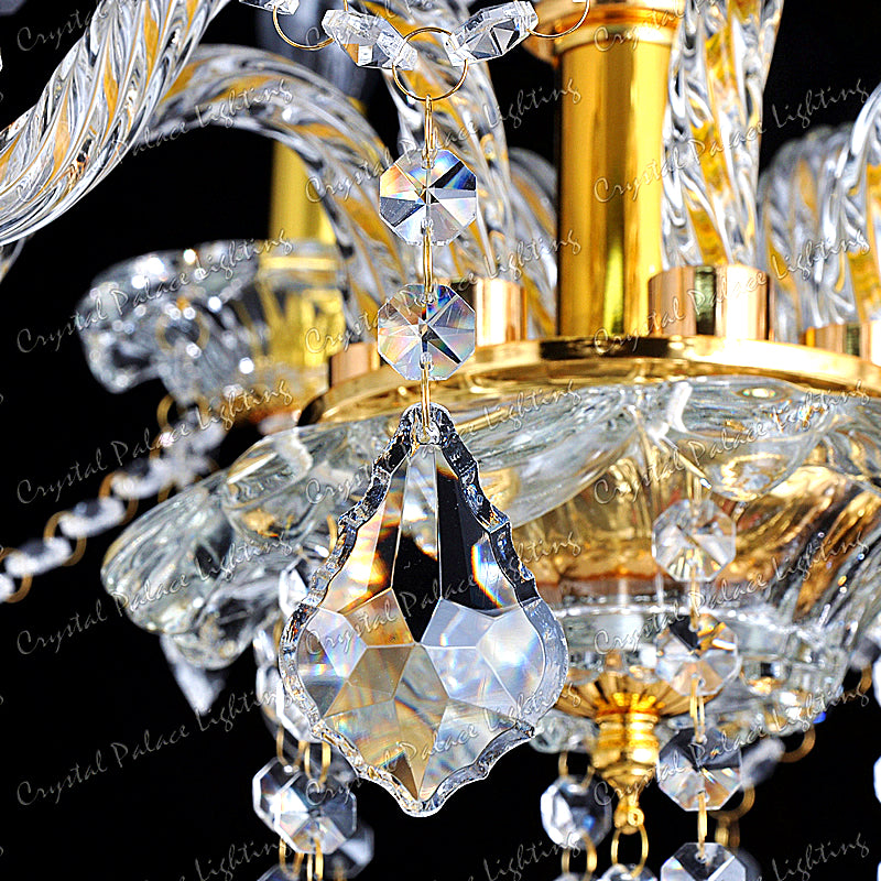 Original K9 Kristall Kronleuchter KLAR GOLD 6, 8, 10 Lichter gedrehter Arm Ahornblatt-