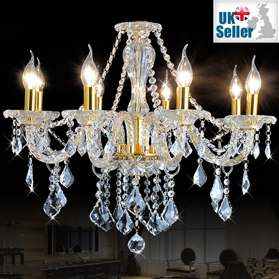 Original K9 Kristall Kronleuchter KLAR GOLD 6, 8, 10 Lichter gedrehter Arm Ahornblatt-