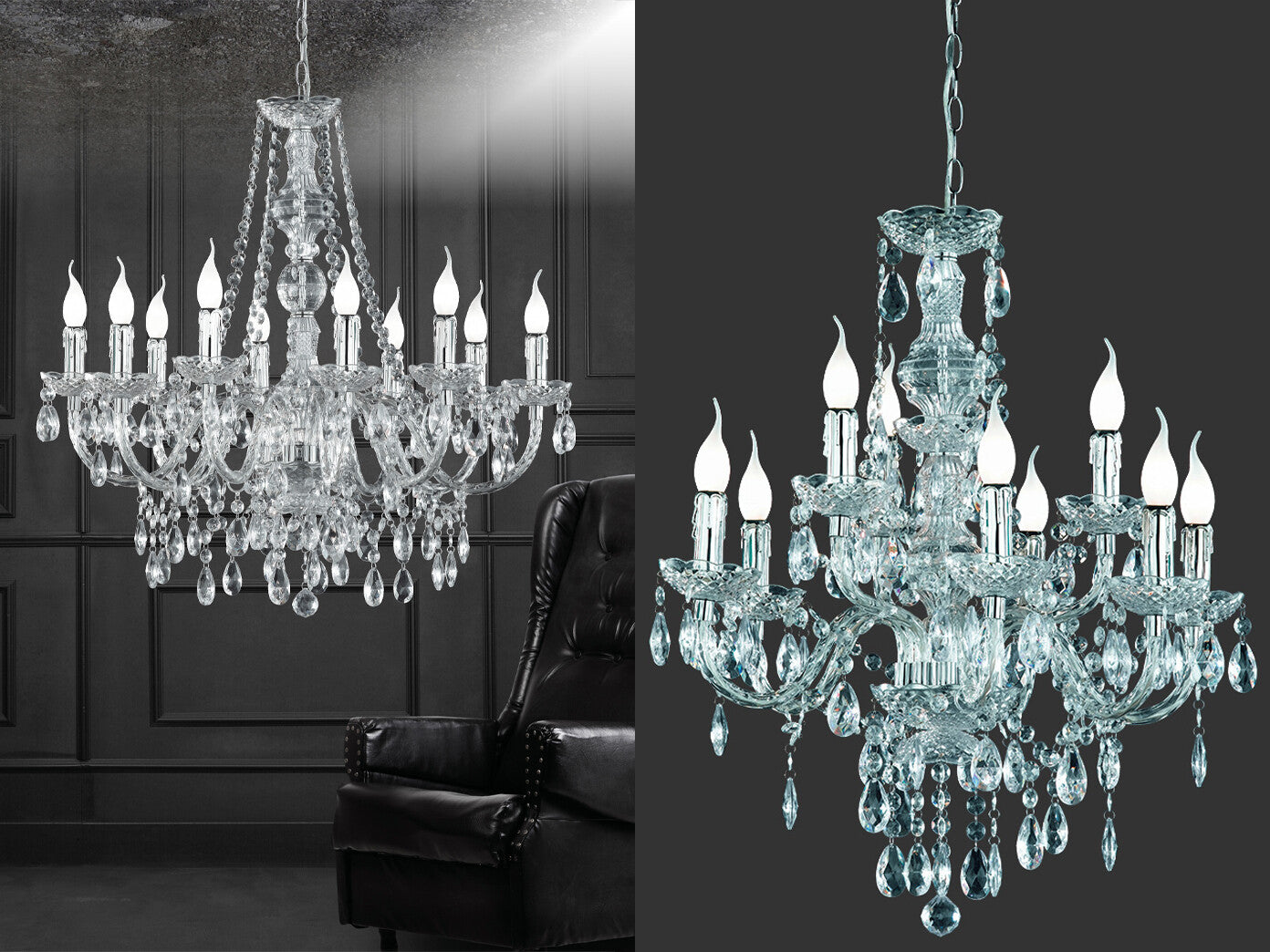 Großer Kerzen Kronleuchter extra lang hängend für hohe Decken - Kristallleuchter